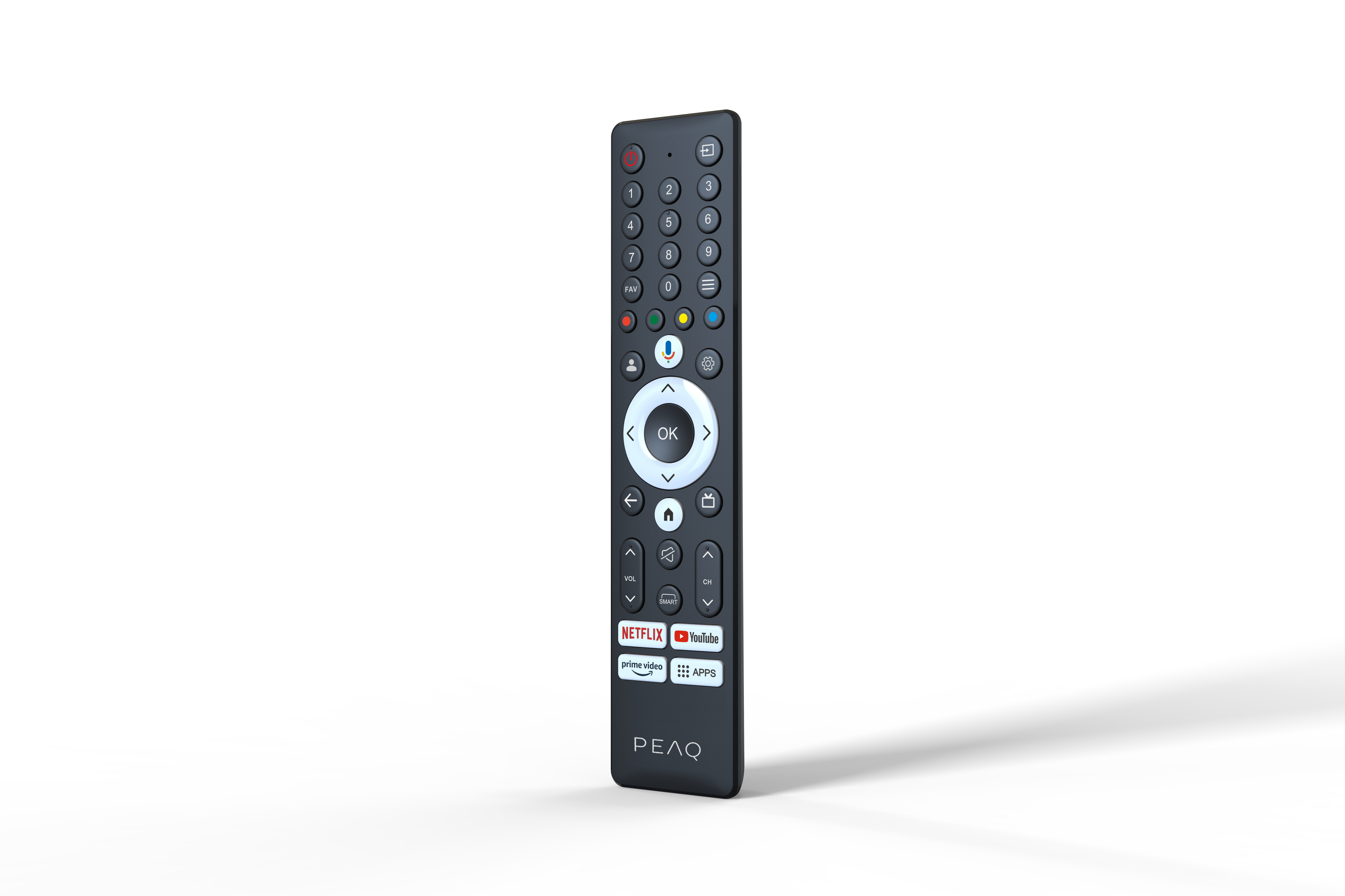 Egy fekete távirányító számokkal, gombokkal és Netflix, YouTube, Prime Video logókkal, fehér háttérrel.