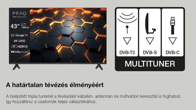 A TV-képernyő 4K UHD és Google TV funkciókat jelenít meg. DVB-T2, DVB-S és DVB-C Multituner ikonokat is mutat.