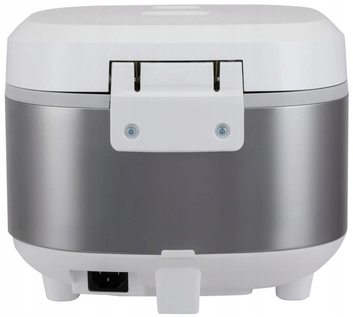 Biały i srebrny garnek do ryżu. Posiada białą pokrywę, korpus ze stali nierdzewnej i biały uchwyt. Widoczny port zasilania i małe nóżki.