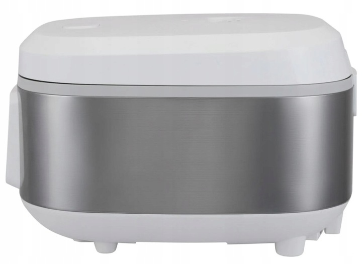 Biały i srebrny garnek do ryżu. Ma białą pokrywę i podstawę, ze srebrnym metalicznym korpusem. Widoczne małe nóżki.