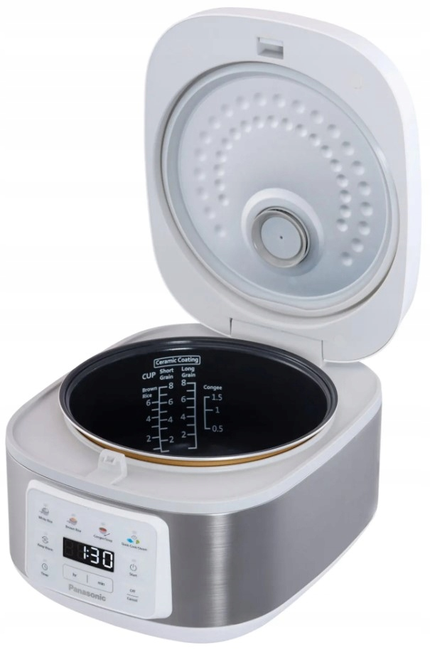 Biały i srebrny garnek do ryżu Panasonic z otwartą pokrywą, odsłaniający wewnętrzny garnek i elementy do gotowania.