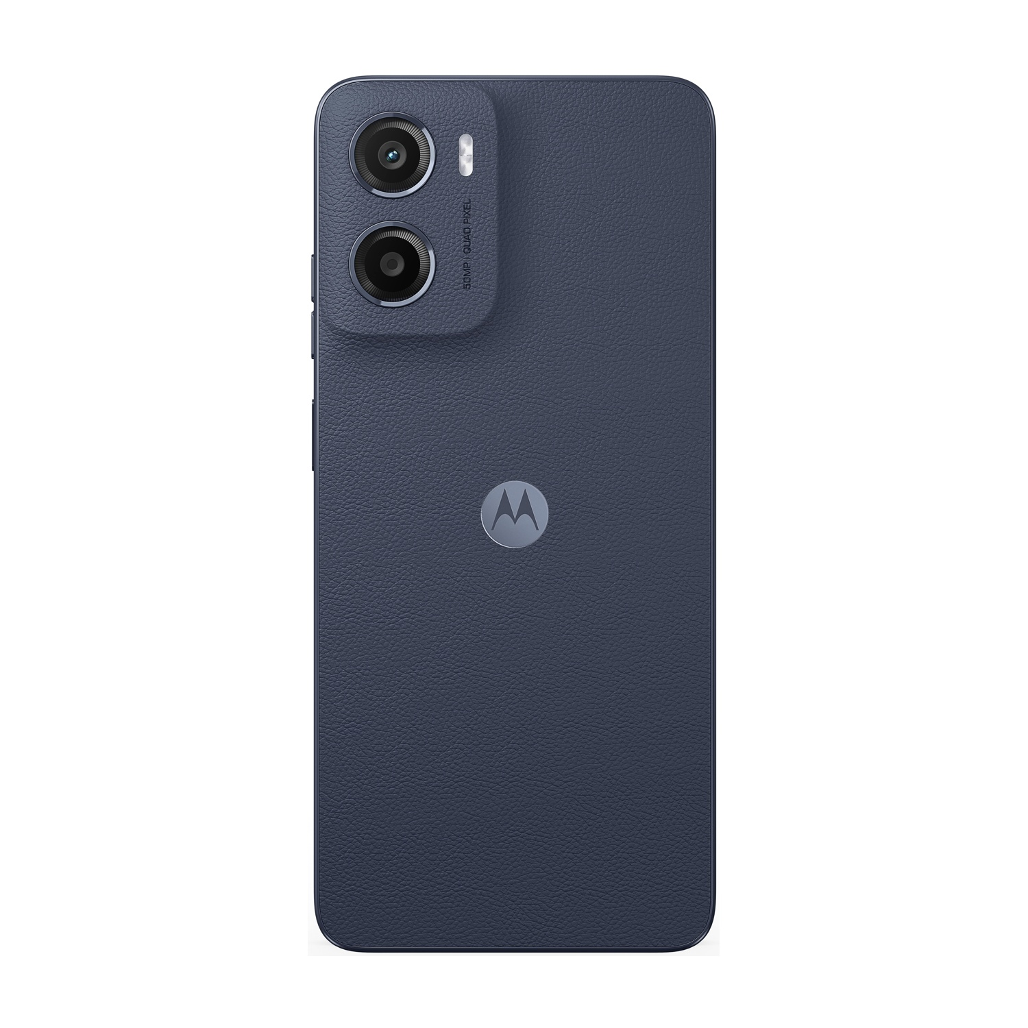 Un telefono Motorola blu. Sono visibili due obiettivi della fotocamera. Il retro ha una superficie strutturata e il logo Motorola.