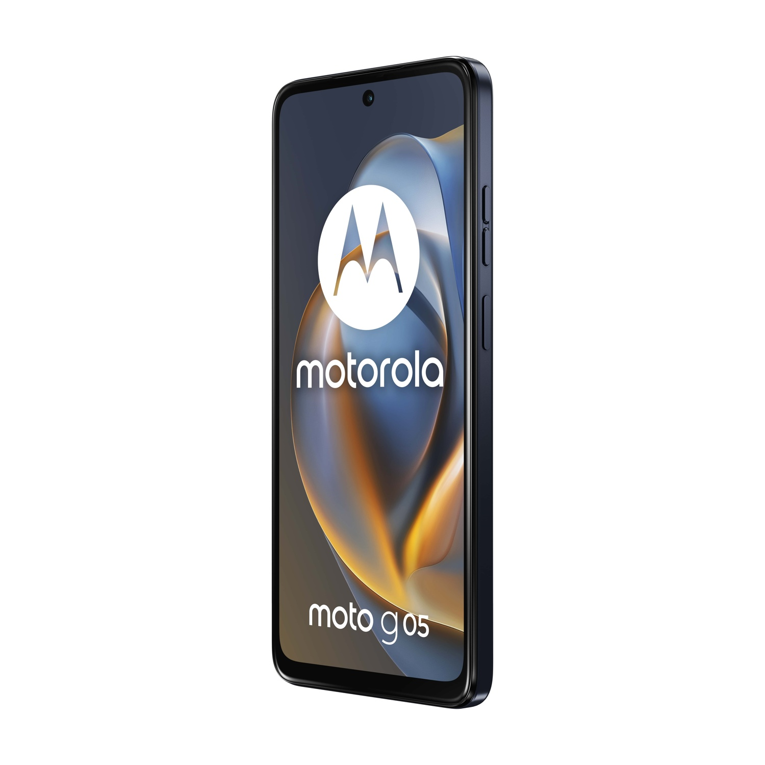 Un telefono Motorola Moto g05. Lo schermo mostra il logo Motorola e uno sfondo ondulato. Il telefono è blu scuro su sfondo bianco.