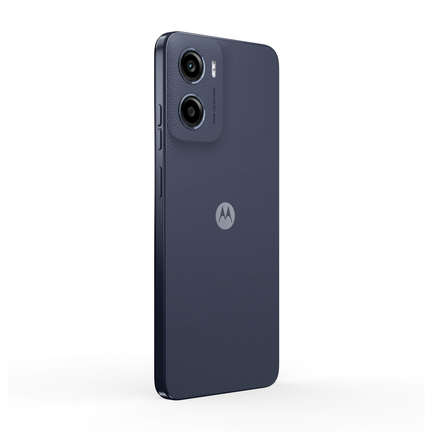 Uno smartphone Motorola blu navy, vista posteriore e laterale. Caratteristiche: doppia fotocamera, pulsanti del volume e logo Motorola. Isolato su sfondo bianco.