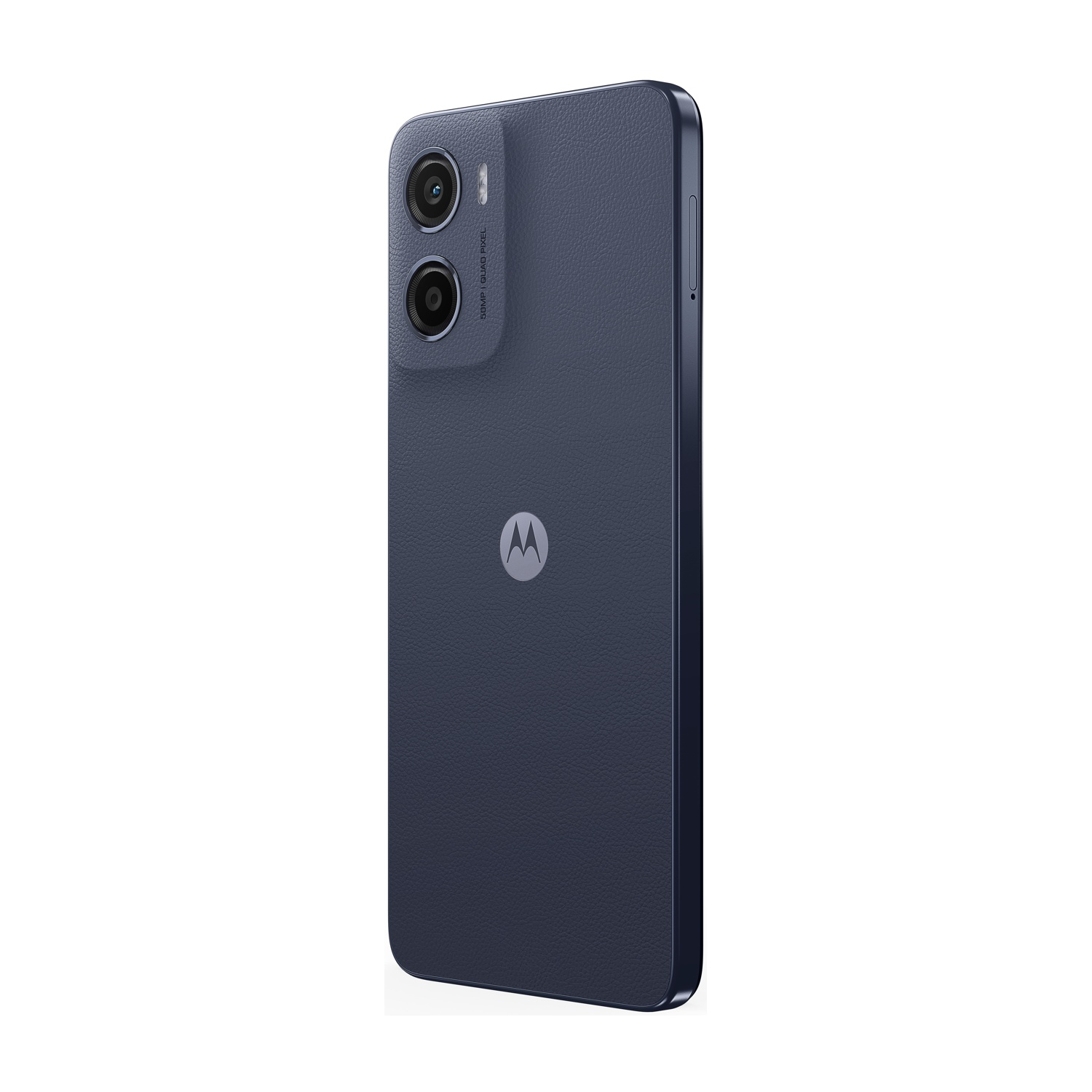 Uno smartphone blu scuro con doppia fotocamera e logo Motorola. Il telefono è leggermente angolato, mostrando il lato con i pulsanti.