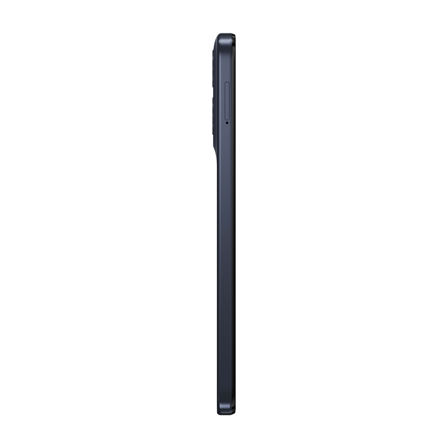 Vista laterale di uno smartphone blu scuro, che mostra il bordo con pulsanti e slot SIM, su sfondo bianco.