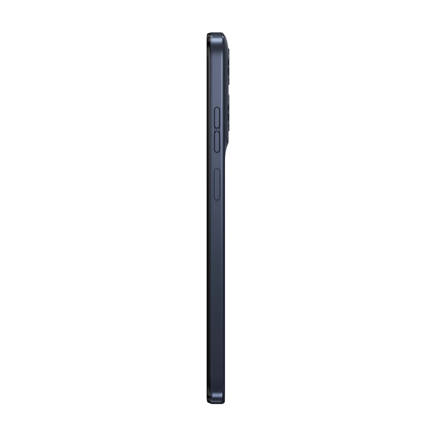 Vista laterale di uno smartphone blu scuro. Visibili i pulsanti del volume, il pulsante di accensione e il bordo del telefono. Sfondo bianco.