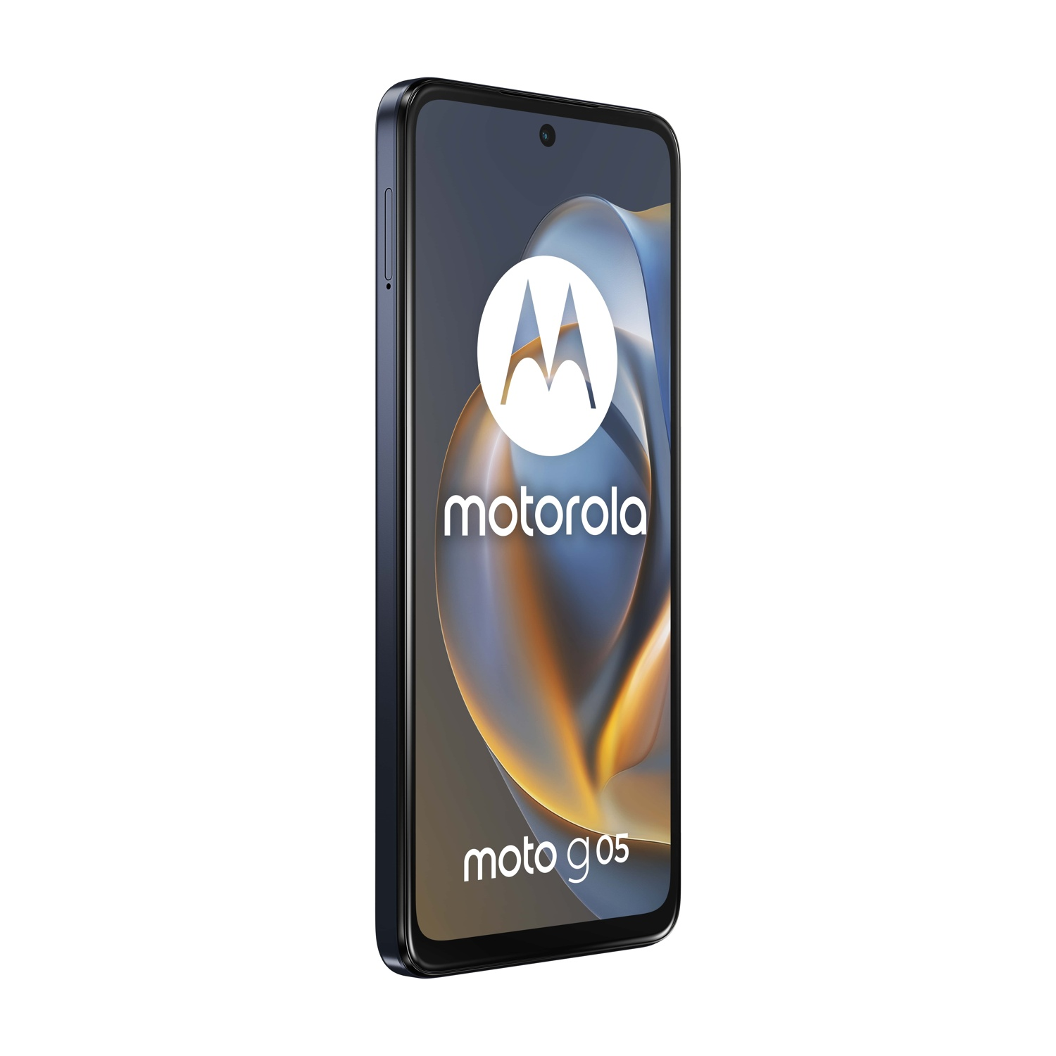 Uno smartphone Motorola Moto G05. Lo schermo mostra il logo Motorola e il nome del modello. Ha una cornice blu scuro e si trova su uno sfondo bianco.