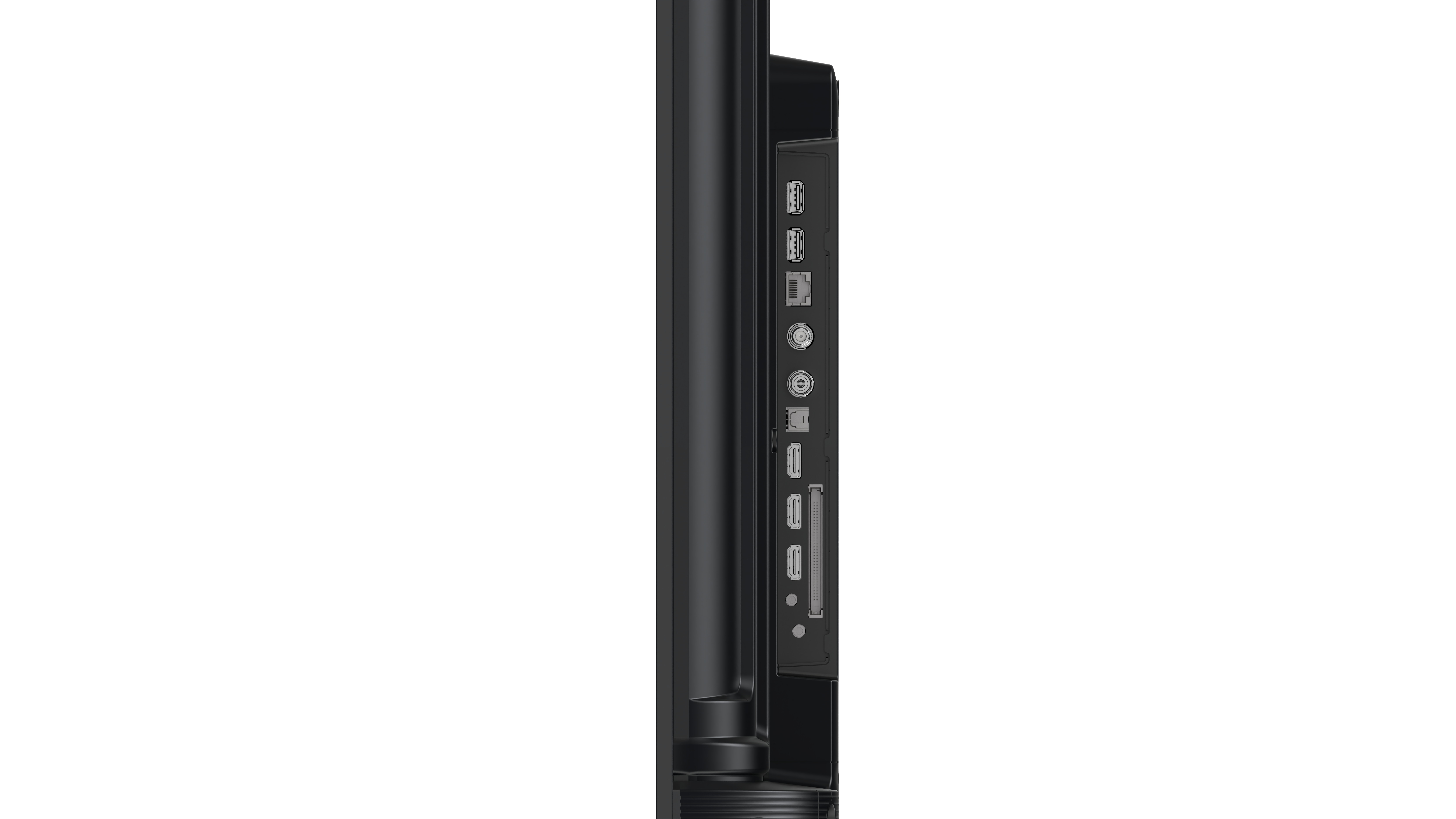 Egy fekete TV oldalsó nézete. Látható portok: HDMI, USB, Ethernet és mások. A háttér teljesen fekete.