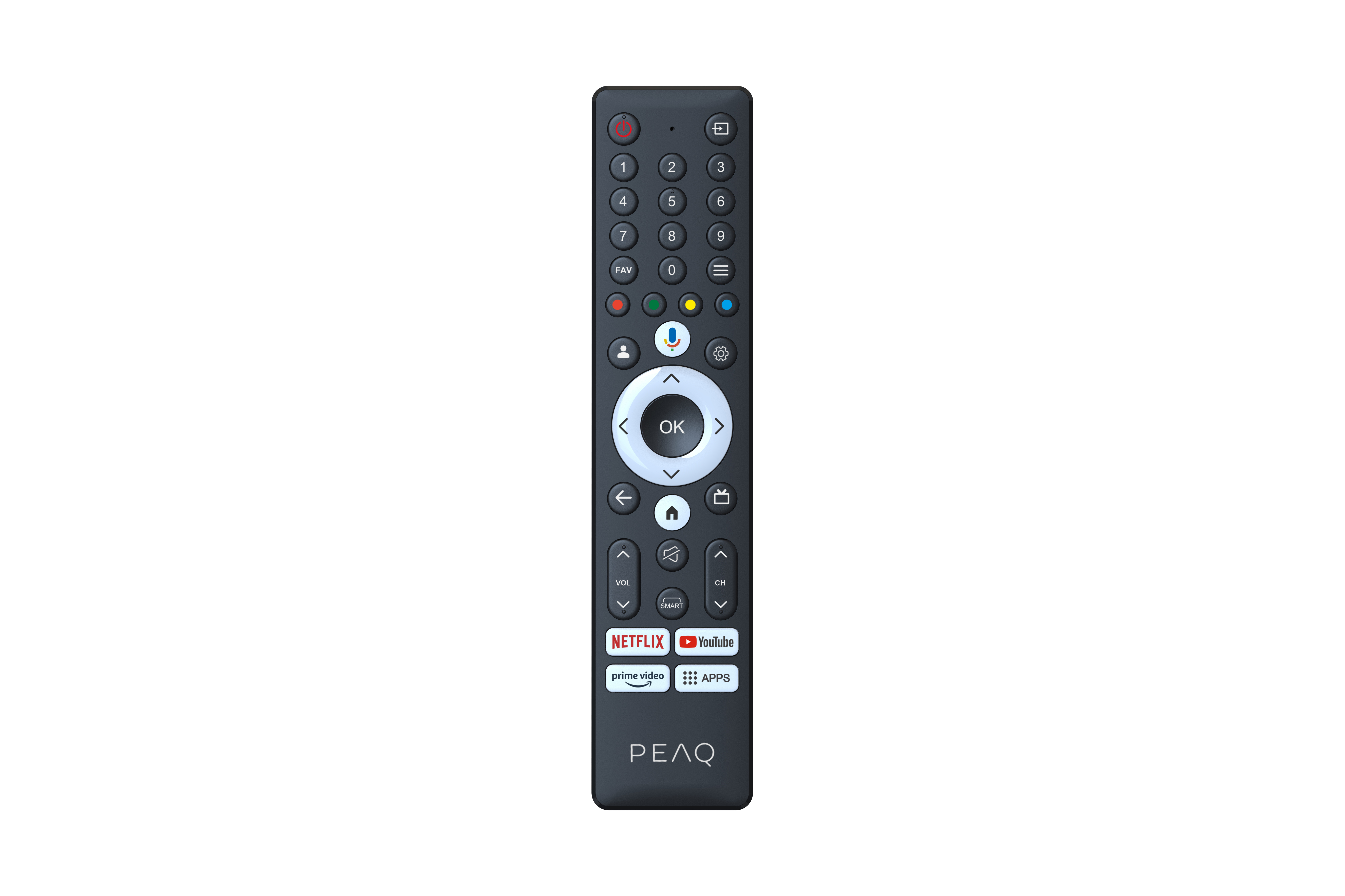 Egy fekete távirányító gombokkal, beleértve a Netflixet, a YouTube-ot és a Prime Videót. A PEAQ márka látható.