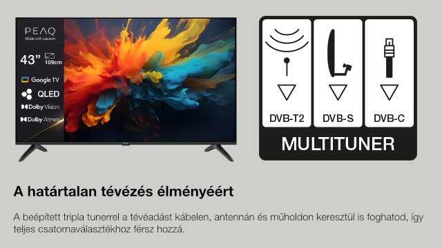 A televízió színes absztrakt művészetet jelenít meg. A szöveg szerint 43 colos QLED Google TV-vel, Dolby Visionnel és Atmos-szal.