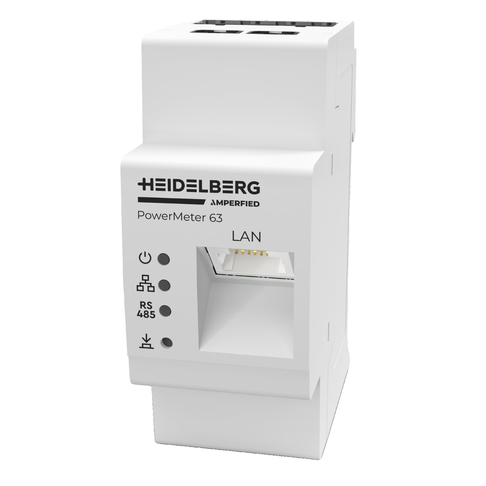 Ein weißes Heidelberg PowerMeter 63 Gerät mit Kontrollleuchten und einem LAN-Anschluss. Das Gerät befindet sich auf dunklem Hintergrund.
