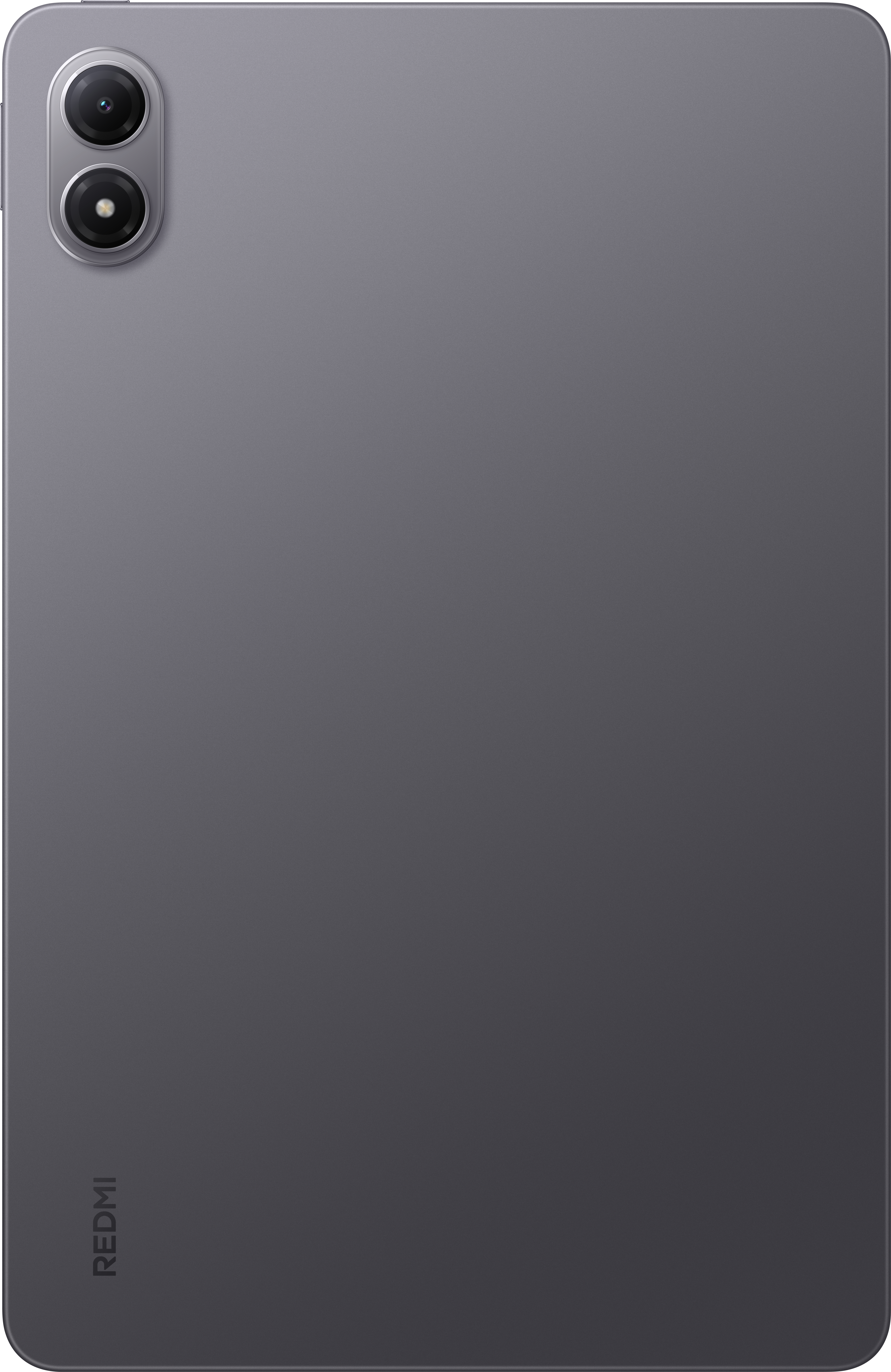 Rückseite eines grauen Tablets, mit zwei Kameraobjektiven oben und dem Wort REDMI unten.