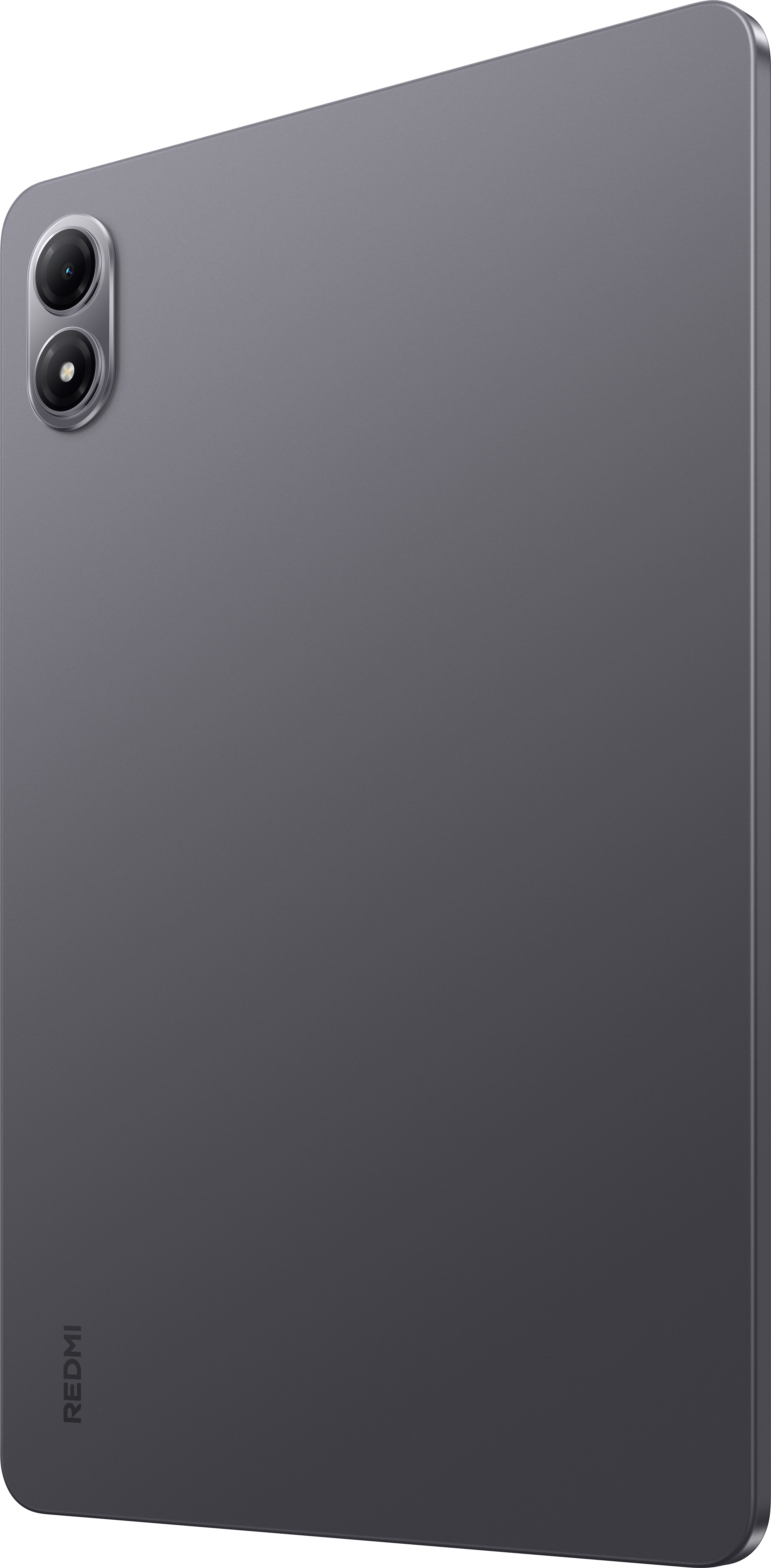Rückseite eines grauen Redmi-Tablets. Zwei Kameralinsen sind sichtbar. Das Redmi-Logo unten links.
