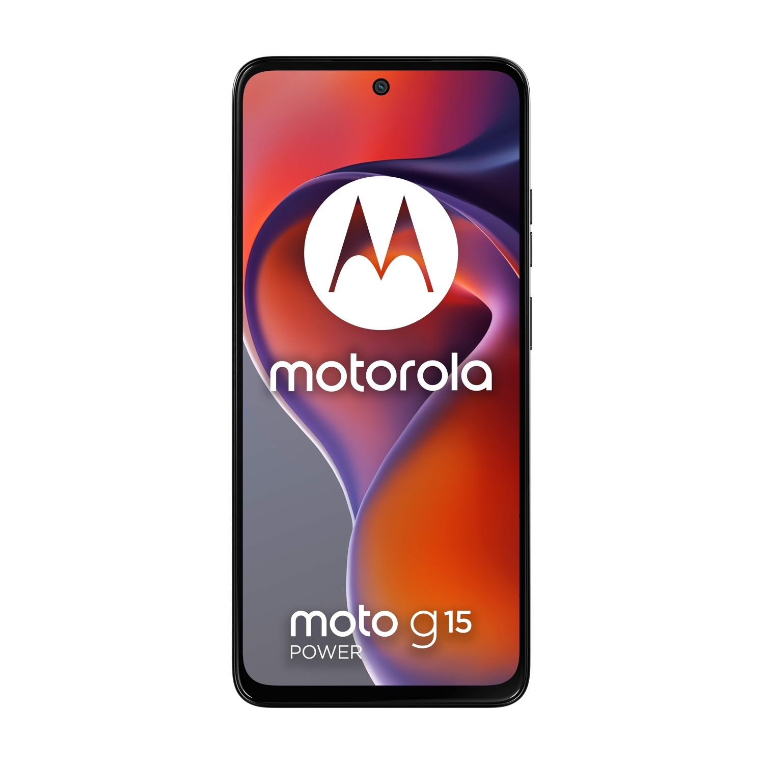 Uno smartphone Motorola Moto g15 Power. Ha uno schermo che mostra un design astratto con il logo Motorola.