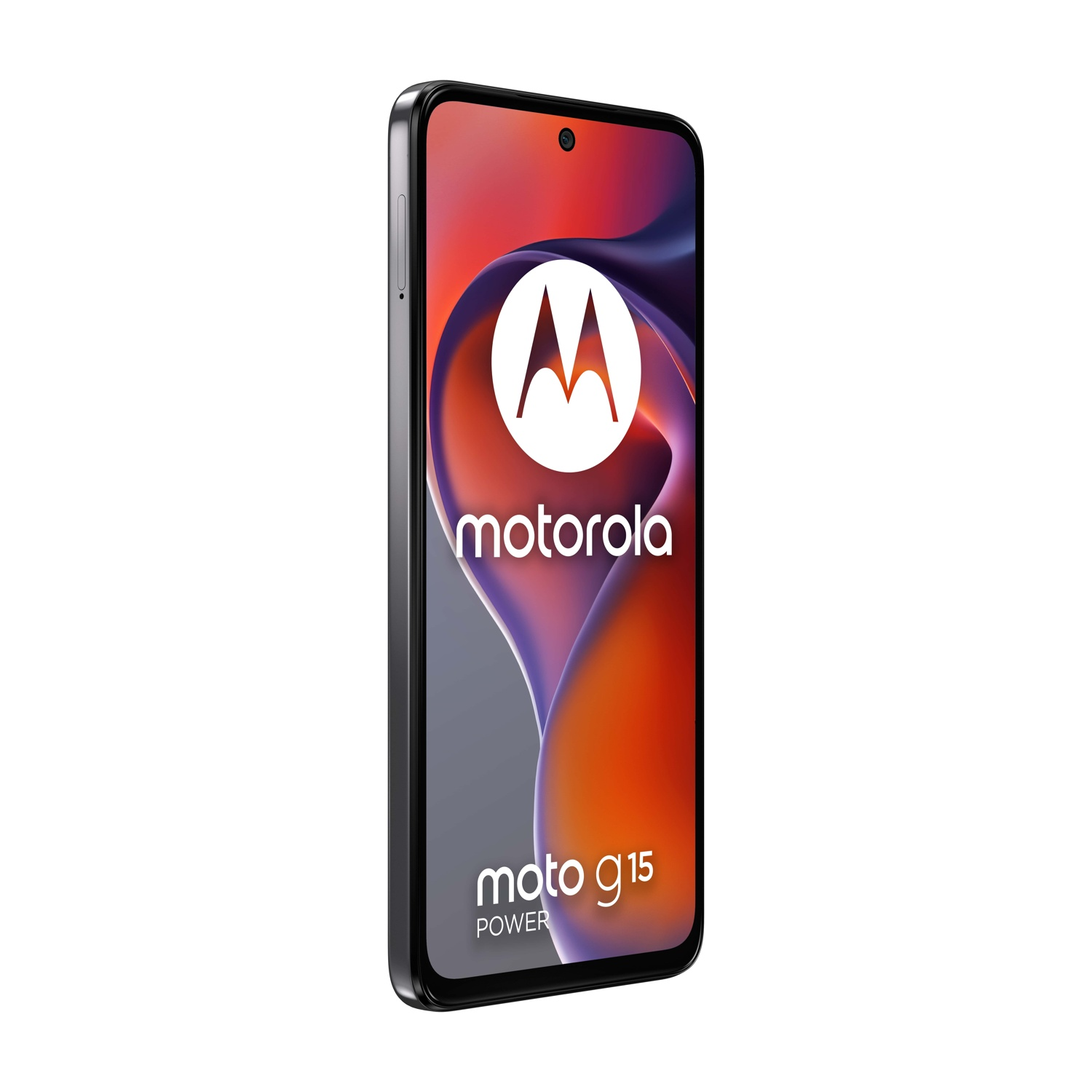 Uno smartphone Motorola Moto g15 Power, cornice nera, schermo con logo su sfondo sfumato, isolato su bianco.
