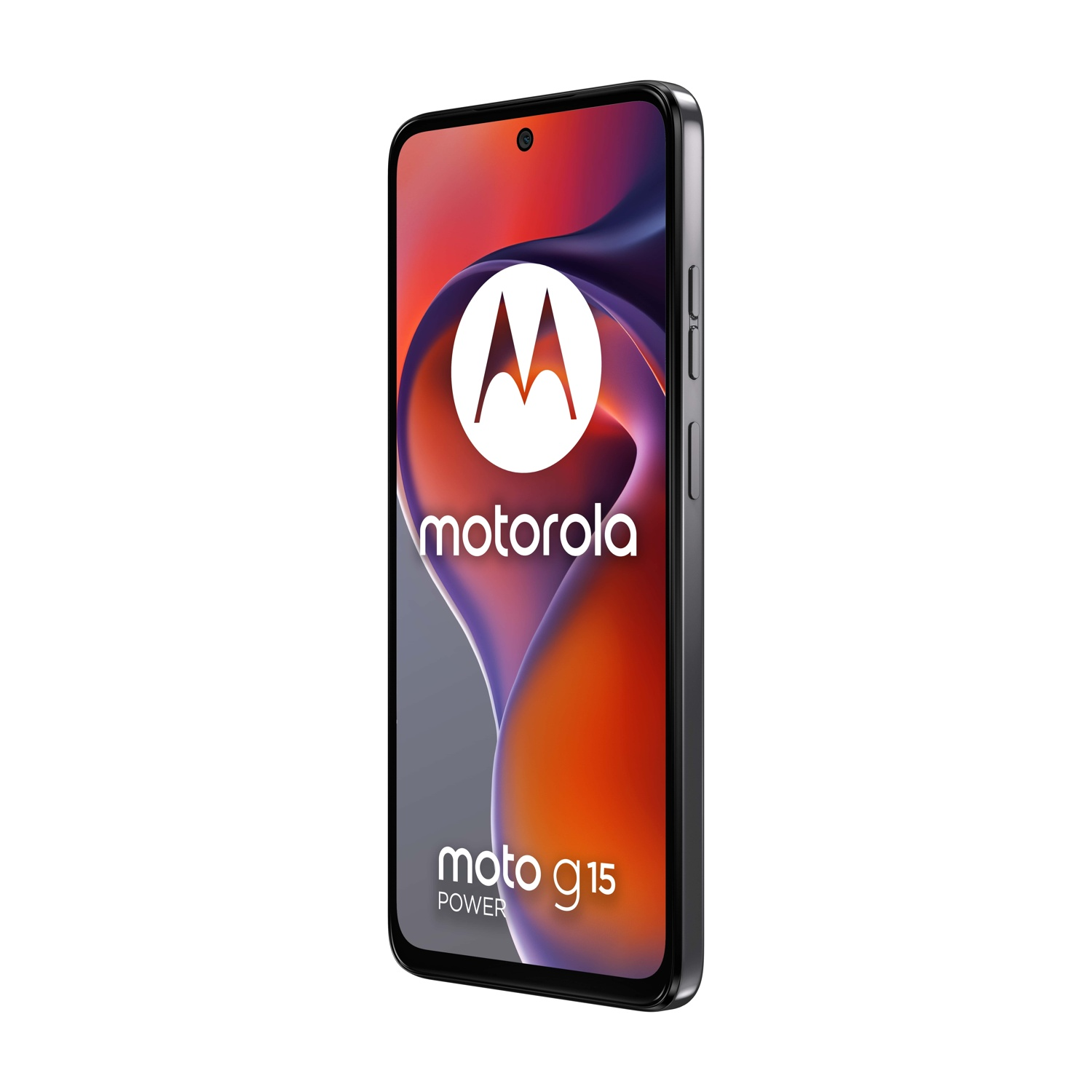 Smartphone Motorola Moto g15 Power. Cornice nera, schermo mostra logo Motorola e modello, su sfondo sfumato.