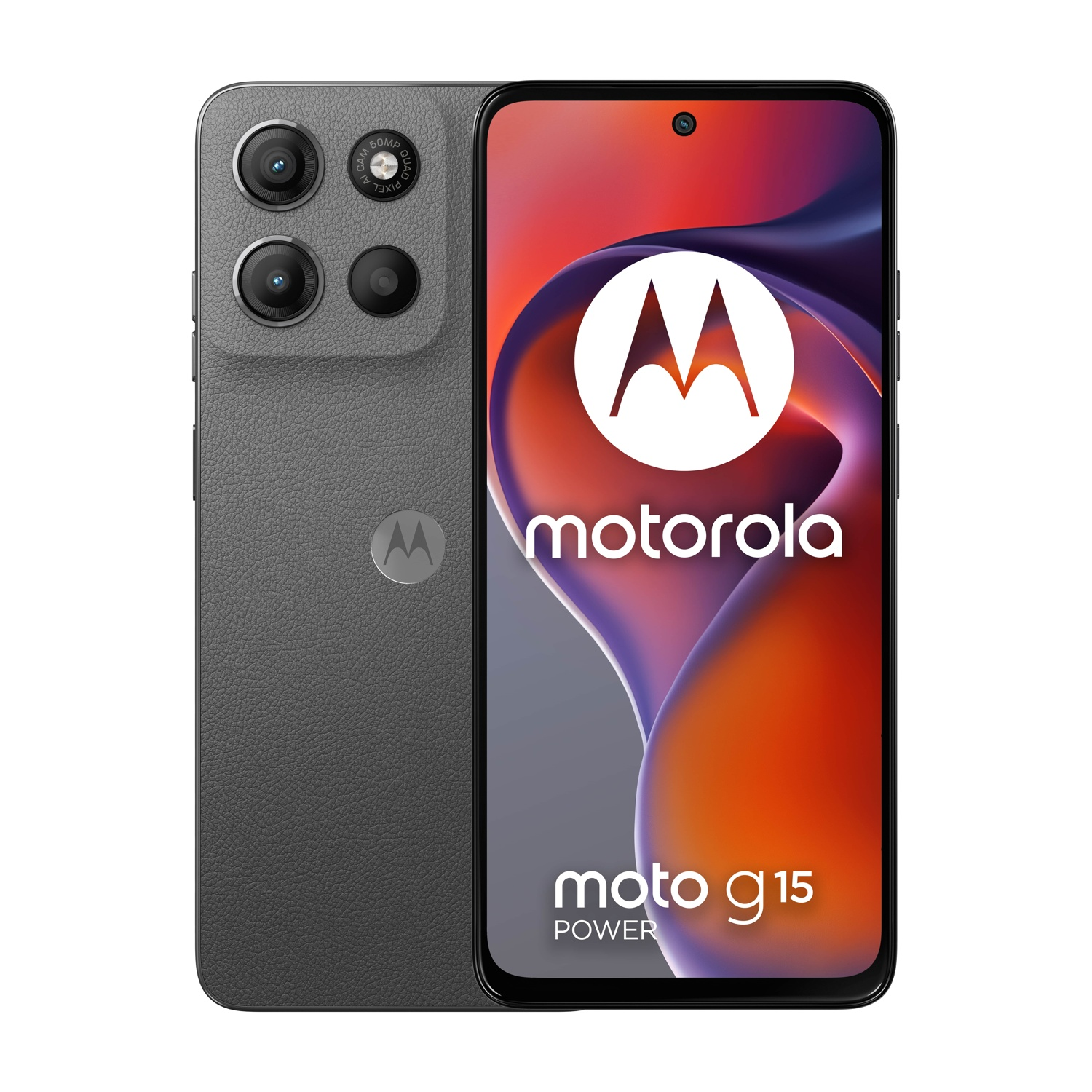 Smartphone Motorola Moto G15 Power. Retro grigio con fotocamere, schermo nero con logo e sfumatura arancione.
