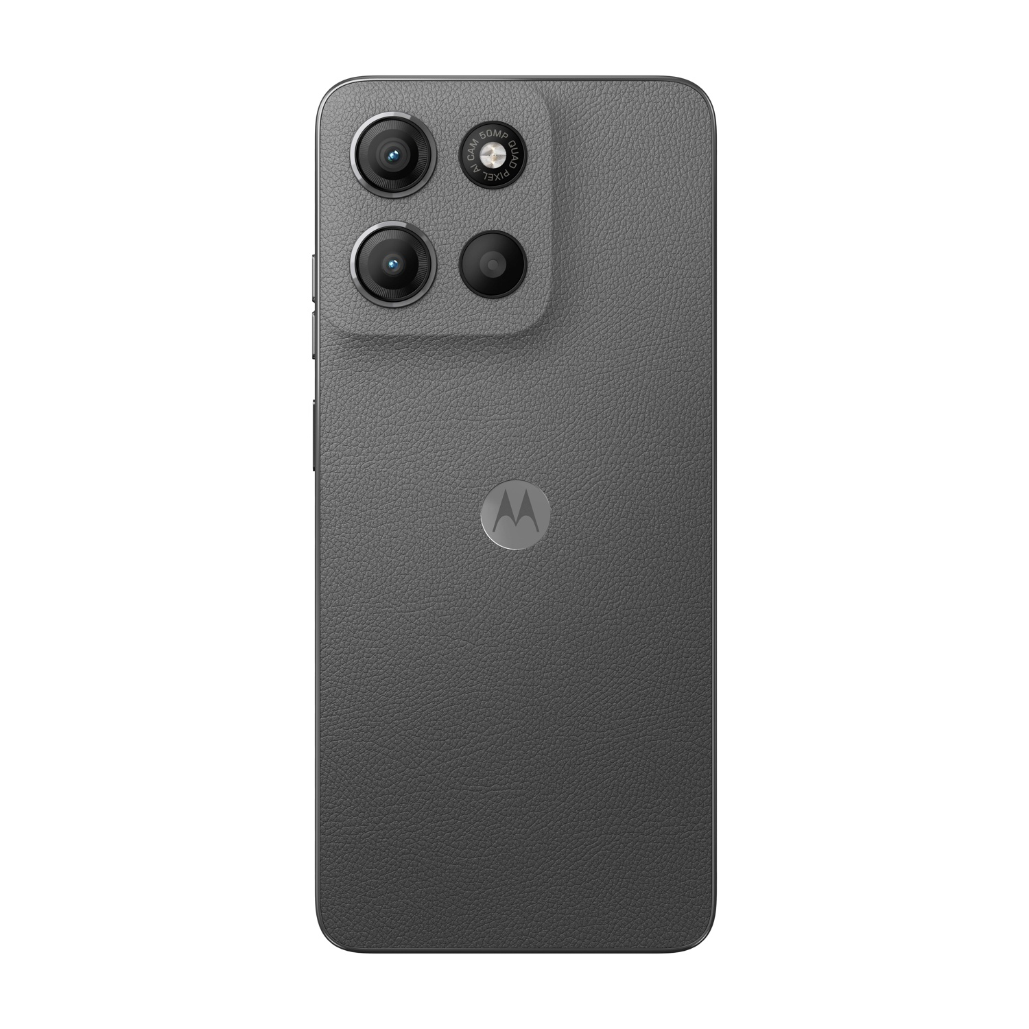 Un telefono Motorola grigio. Ha quattro fotocamere posteriori, un retro strutturato e il logo Motorola. Il telefono è su sfondo bianco.