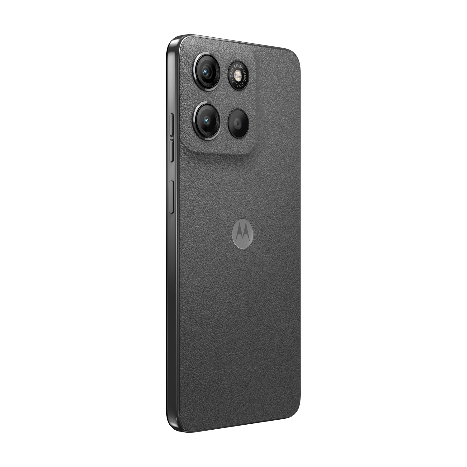 Uno smartphone Motorola grigio. Ha un retro strutturato con tre obiettivi della fotocamera e il logo Motorola. Il telefono è leggermente angolato.