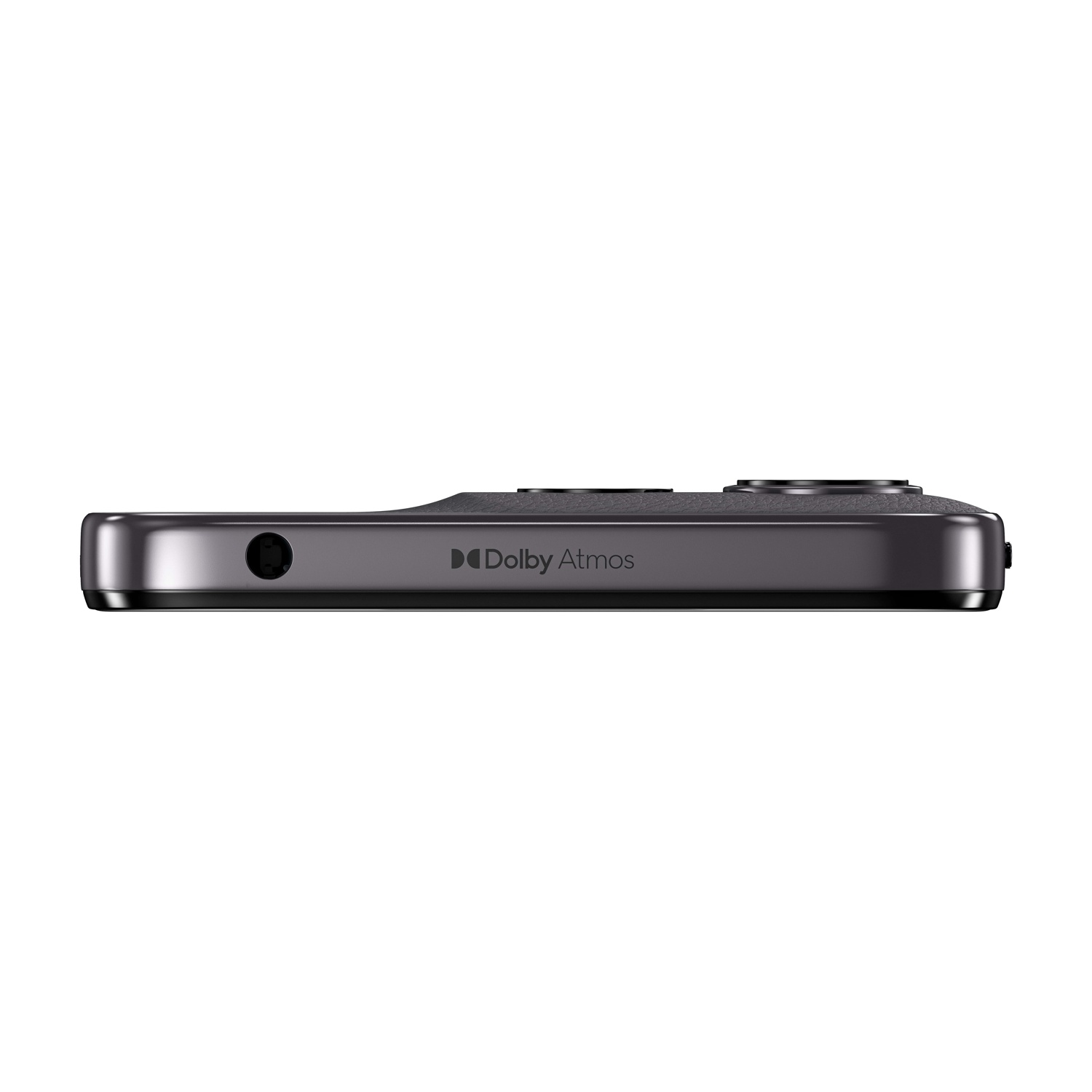 Vista laterale di uno smartphone grigio scuro. Logo Dolby Atmos visibile. Jack per cuffie e pulsanti presenti.