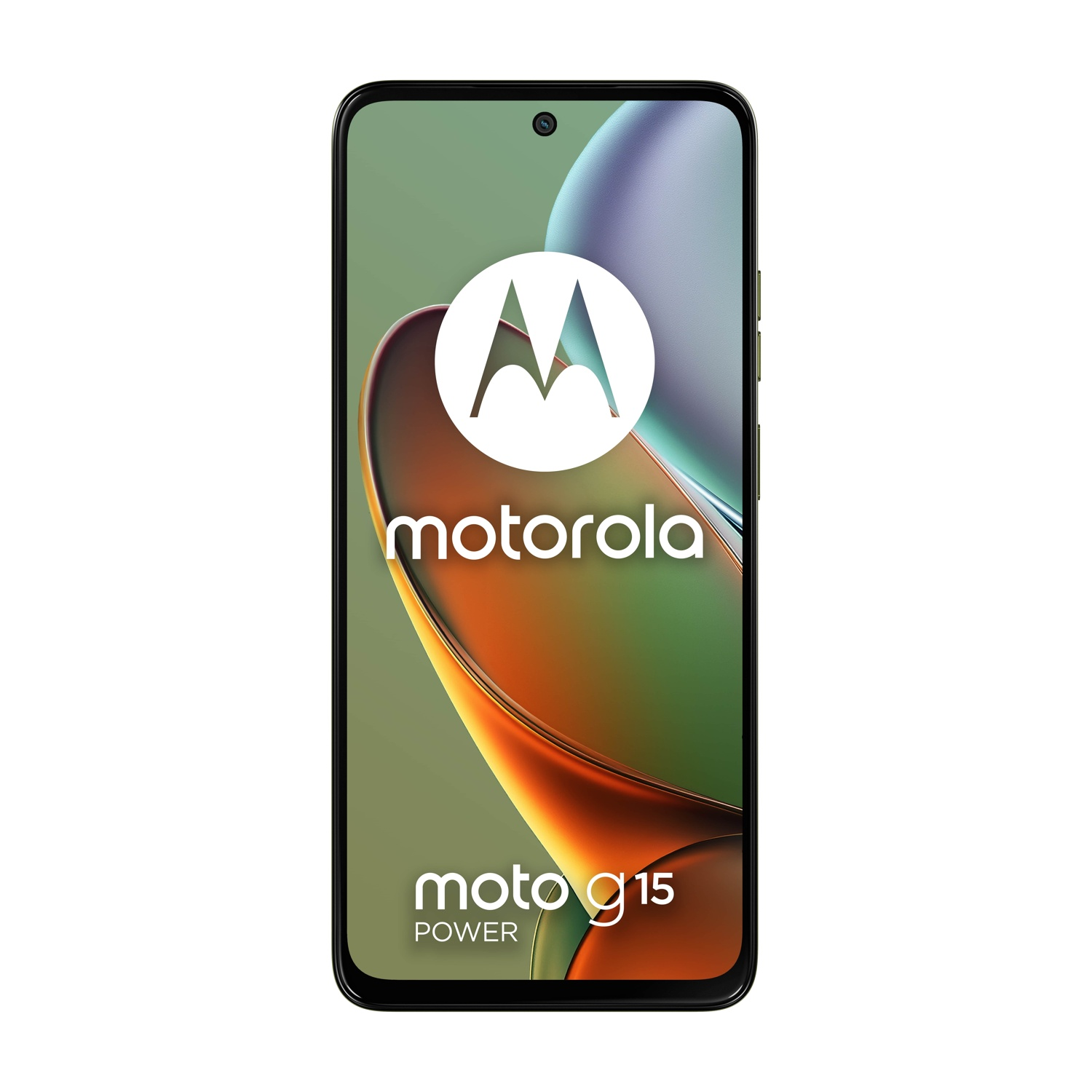 Smartphone Motorola Moto G15 Power. Lo schermo mostra il logo Motorola e il modello del telefono. Lo sfondo ha sfumature verdi e arancioni.