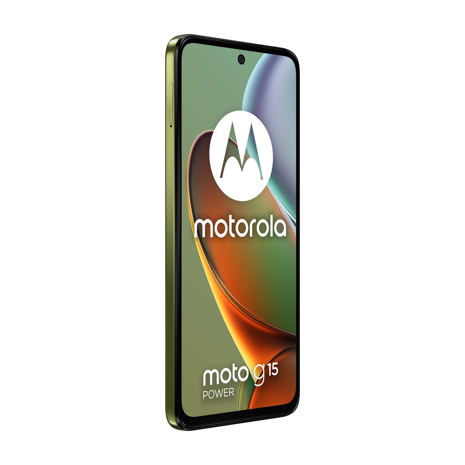È mostrato uno smartphone Motorola Moto g15 Power con cornice verde. Lo schermo mostra il logo Motorola e il nome del telefono.