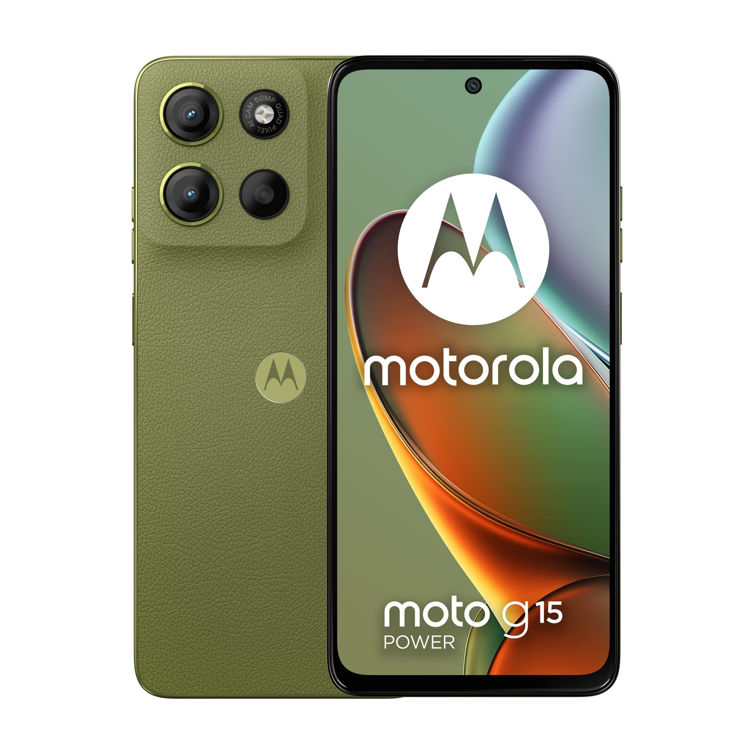 Uno smartphone Motorola Moto G15 Power verde. Visibili il retro con le lenti della fotocamera e lo schermo che mostra il logo e il nome del modello.
