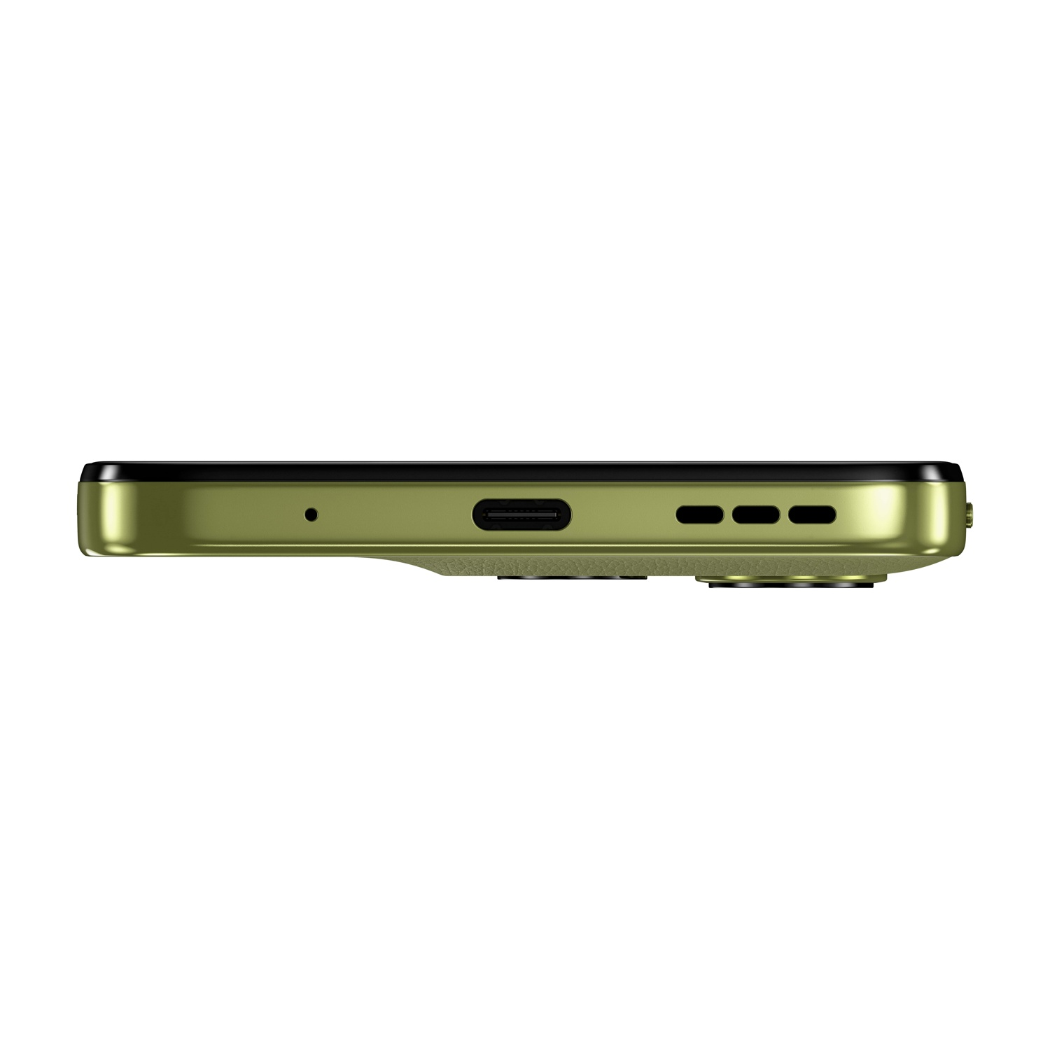 Vista laterale di uno smartphone verde. Mostra una porta USB-C, un microfono e griglie degli altoparlanti. Il telefono è su sfondo bianco.