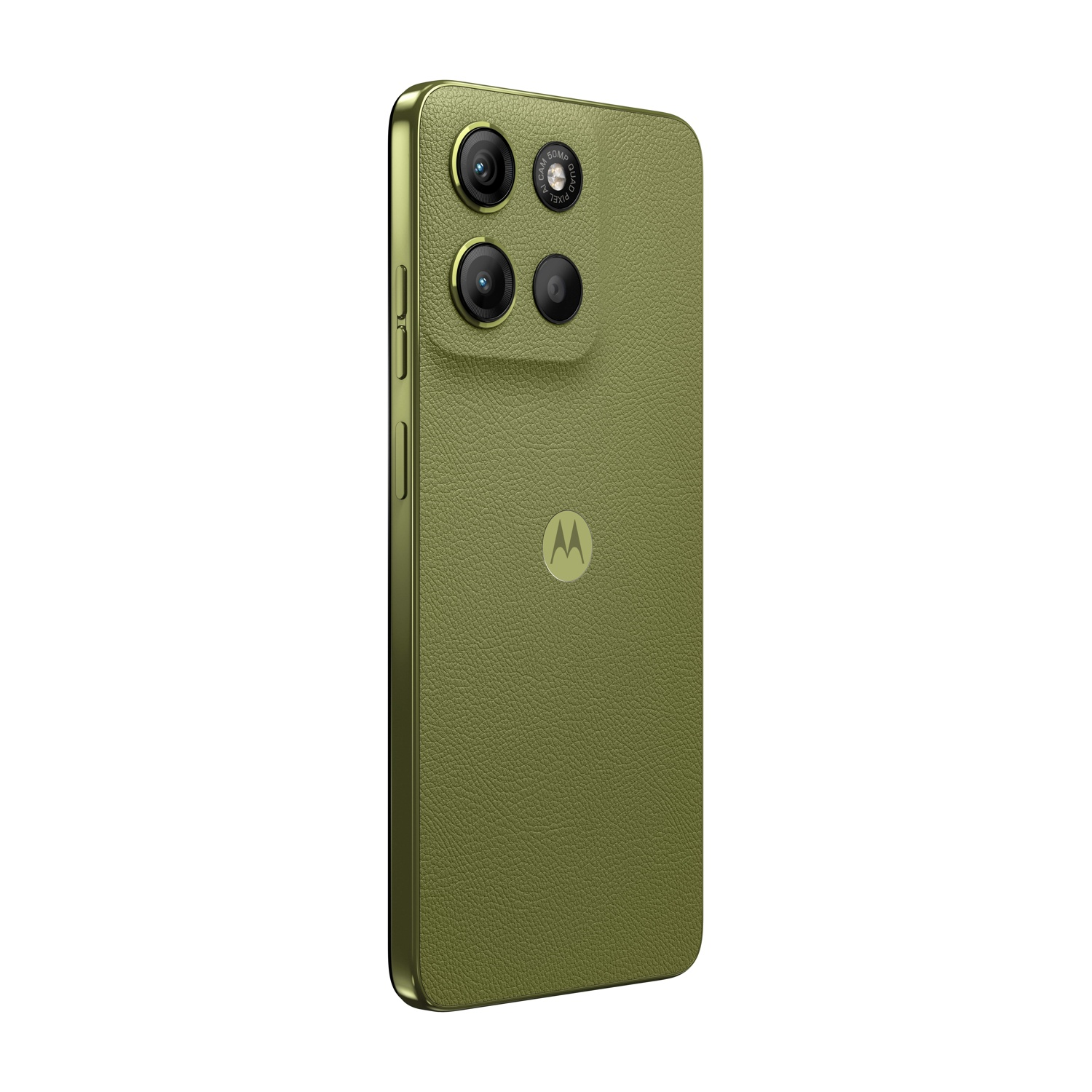 Uno smartphone Motorola verde con quattro fotocamere posteriori. Il telefono ha un retro strutturato e un logo Motorola.
