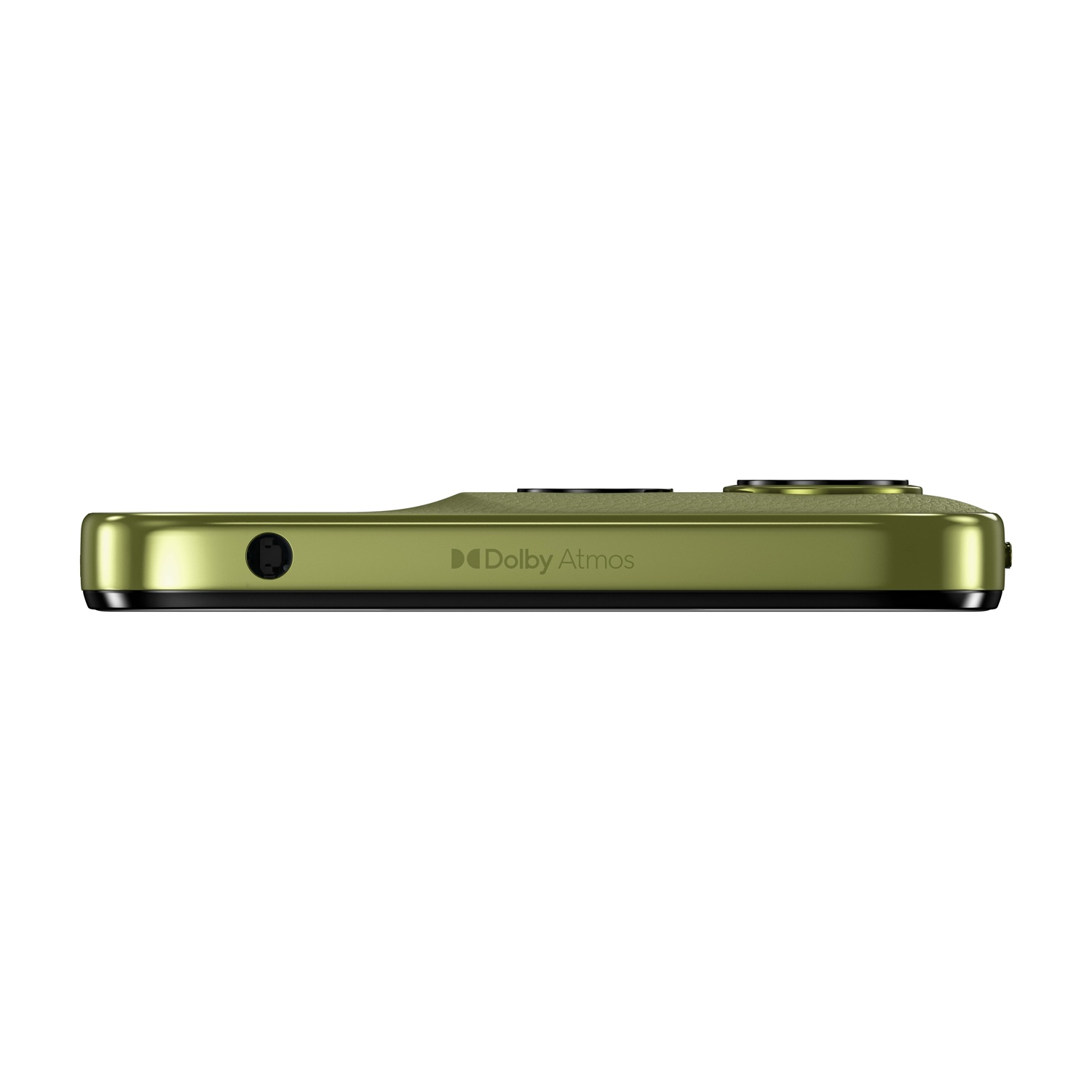 Vista laterale di uno smartphone verde. Presenta una porta nera, il logo Dolby Atmos e una superficie superiore strutturata.