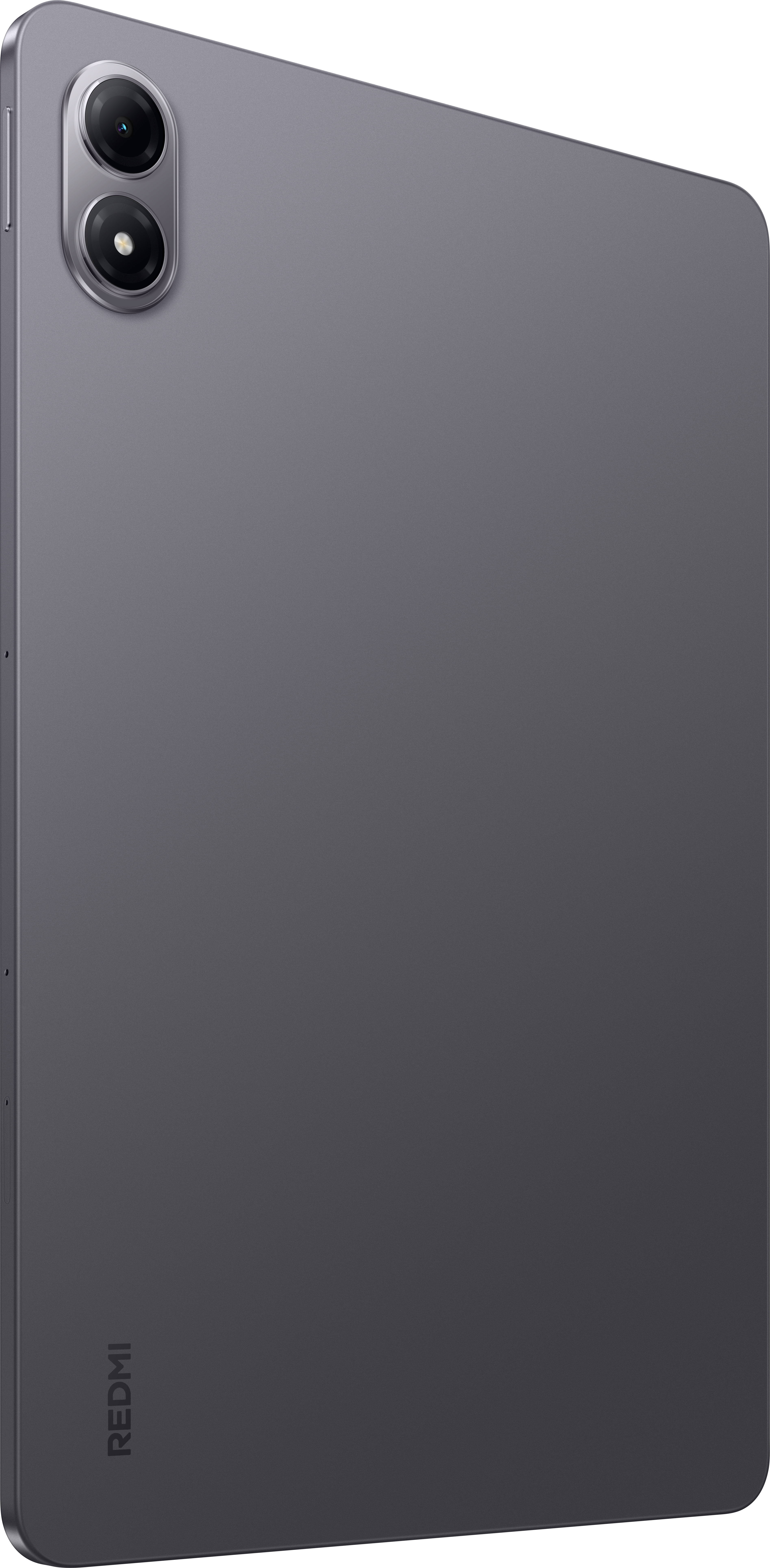 Ein graues Tablet, nach rechts geneigt, zeigt die Rückseite. Zwei Kameralinsen sind oben links sichtbar. Das Redmi-Logo befindet sich unten.