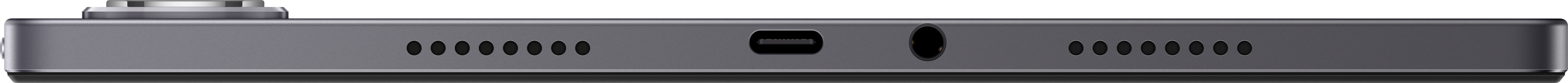 Seite eines grauen Geräts mit Lüftungslöchern, USB-C-Anschluss, Kopfhöreranschluss und einem oberen Bauteil.