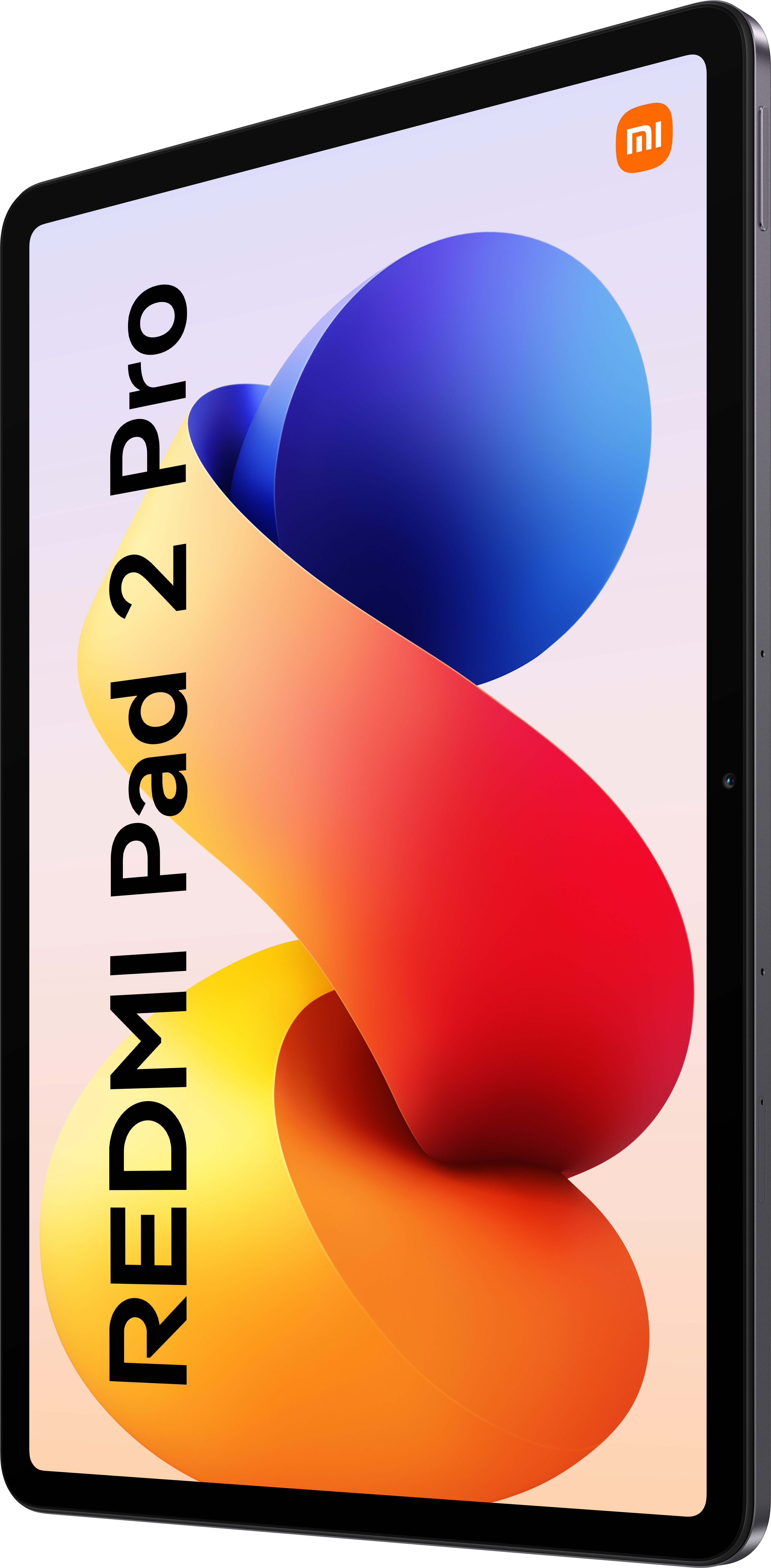 Ein Tablet mit einem farbenfrohen, abstrakten Design. Der Text 'REDMI Pad 2 Pro' ist vertikal dargestellt. Xiaomi-Logo oben rechts.