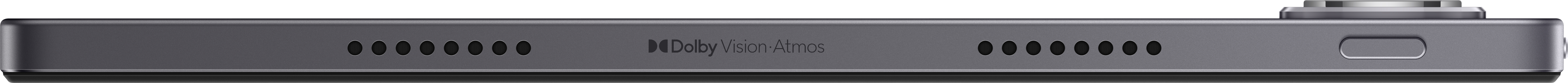 Dunkelgraues elektronisches Gerät mit Lautsprecherlöchern, Dolby Vision Atmos-Text und einem kleinen Anschluss. Oben befindet sich ein silberner Knopf.