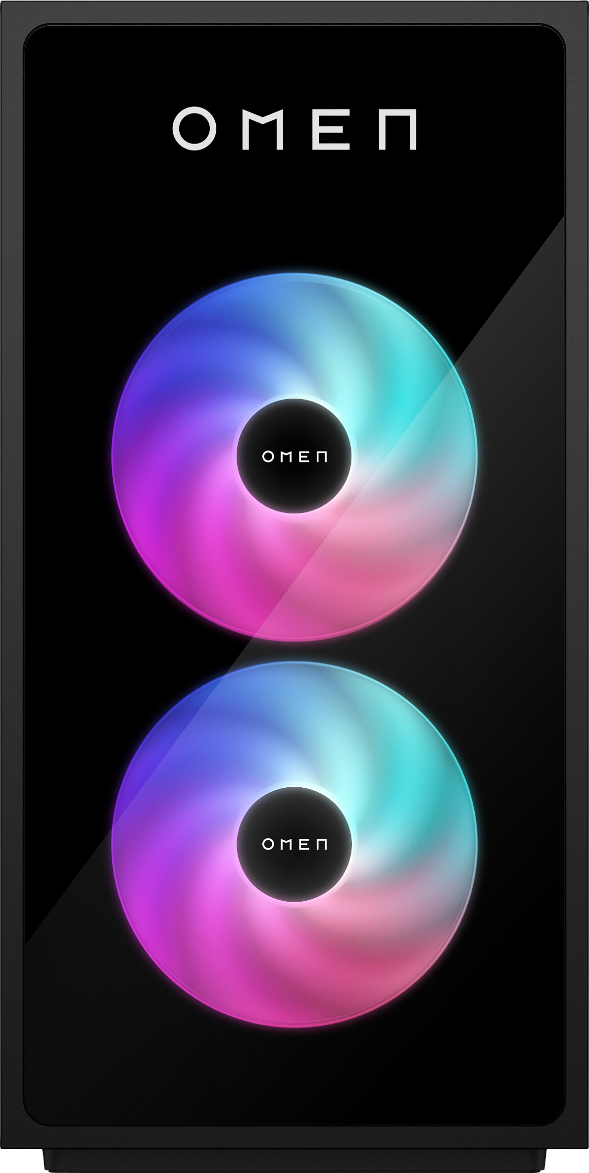 Un boîtier d'ordinateur noir avec le logo OMEN. Deux lumières circulaires colorées au milieu.