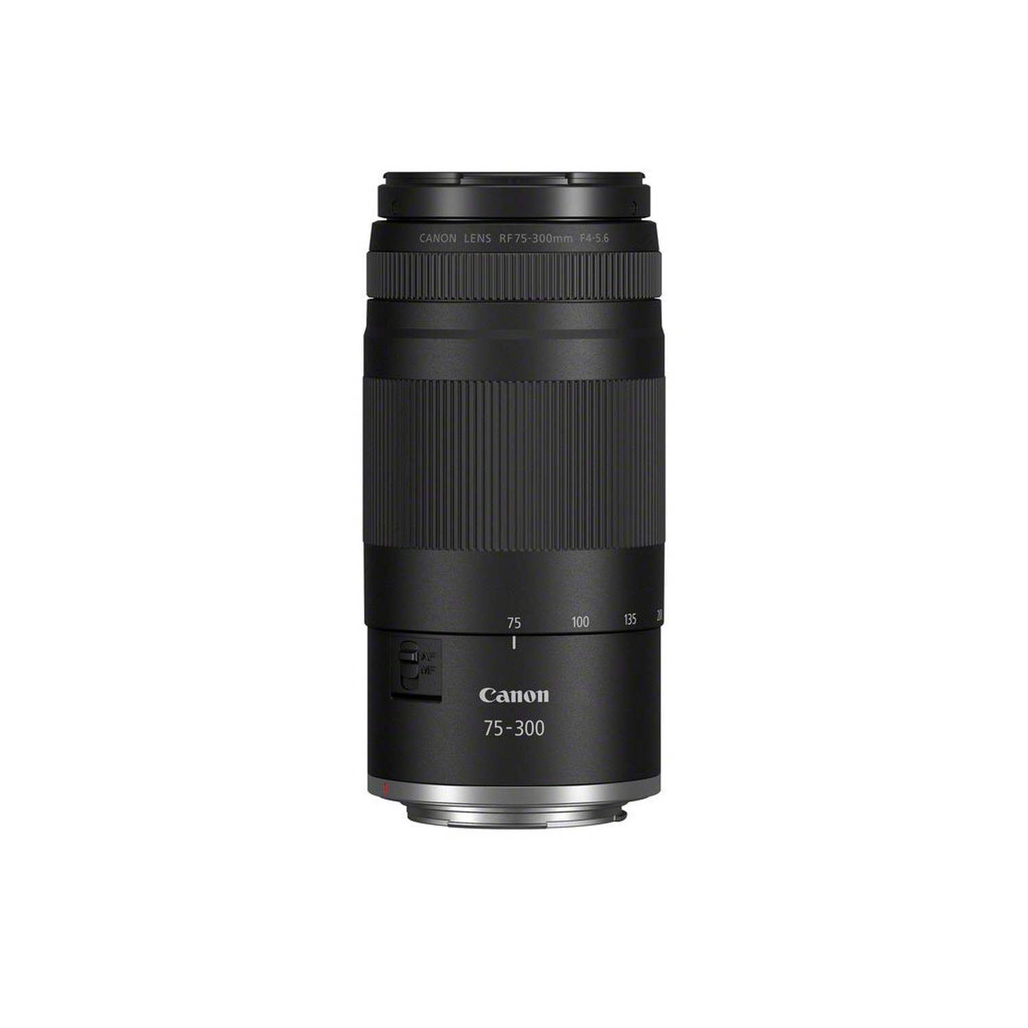 Un objectif Canon RF 75-300mm, noir avec des accents argentés, sur fond blanc. Il a des bagues de mise au point et de zoom, et des repères.