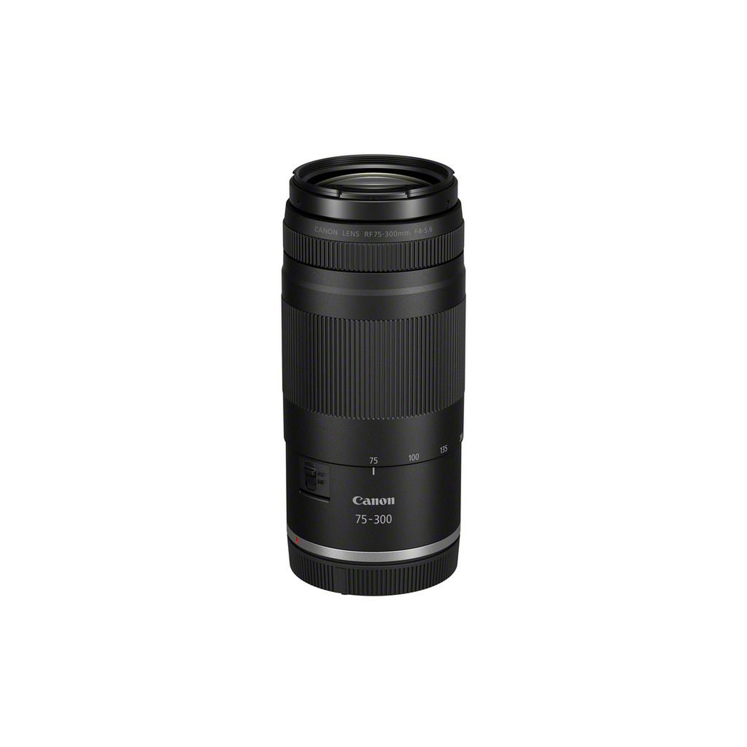Un objectif Canon 75-300mm noir. L'objectif est cylindrique avec des sections nervurées. Il y a des chiffres et du texte sur l'objectif.