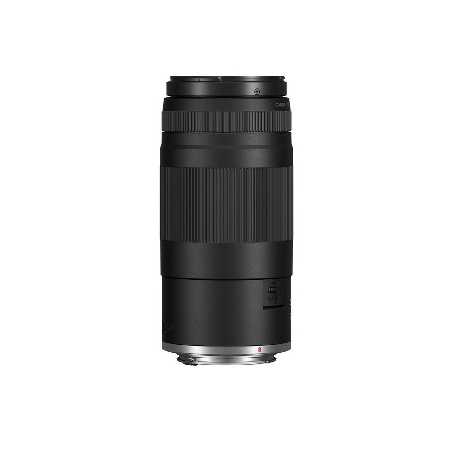 Un objectif d'appareil photo Canon noir est centré. Il a un design nervuré et divers bagues de contrôle. Le fond est blanc uni.