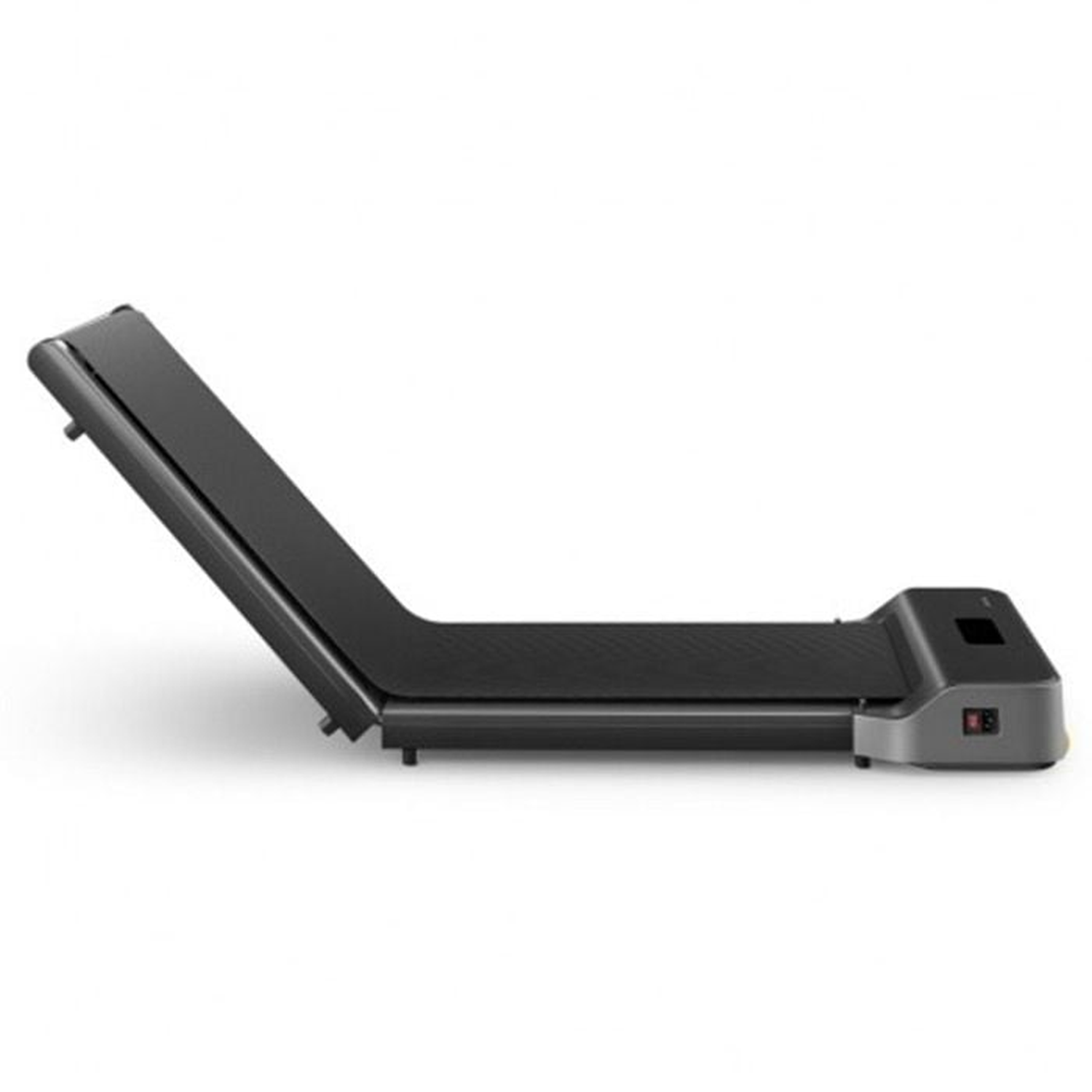 A black treadmill is angled up. It has a control panel. The background is white.