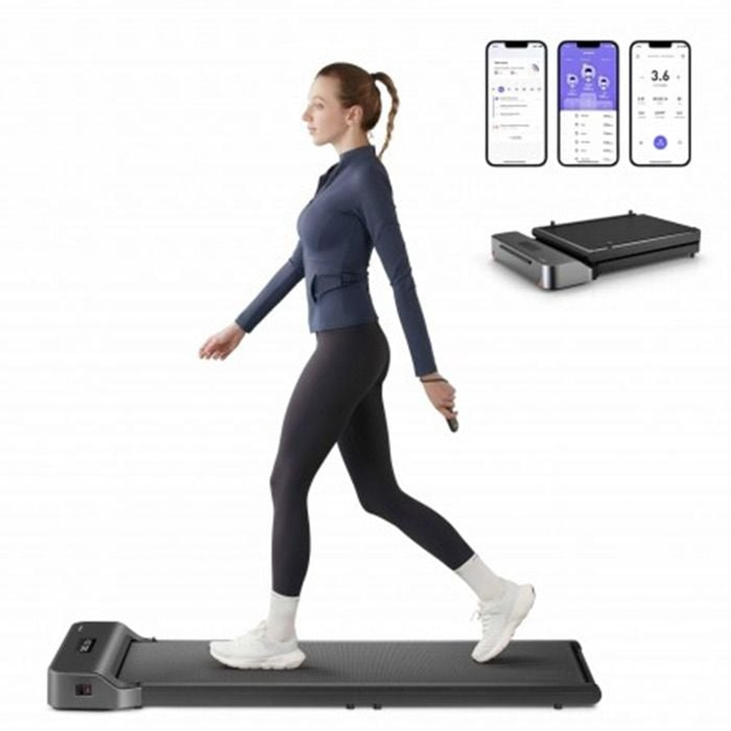 Woman walking on a treadmill, wearing sportswear. Phones display data. A folded treadmill and a remote control are also visible.