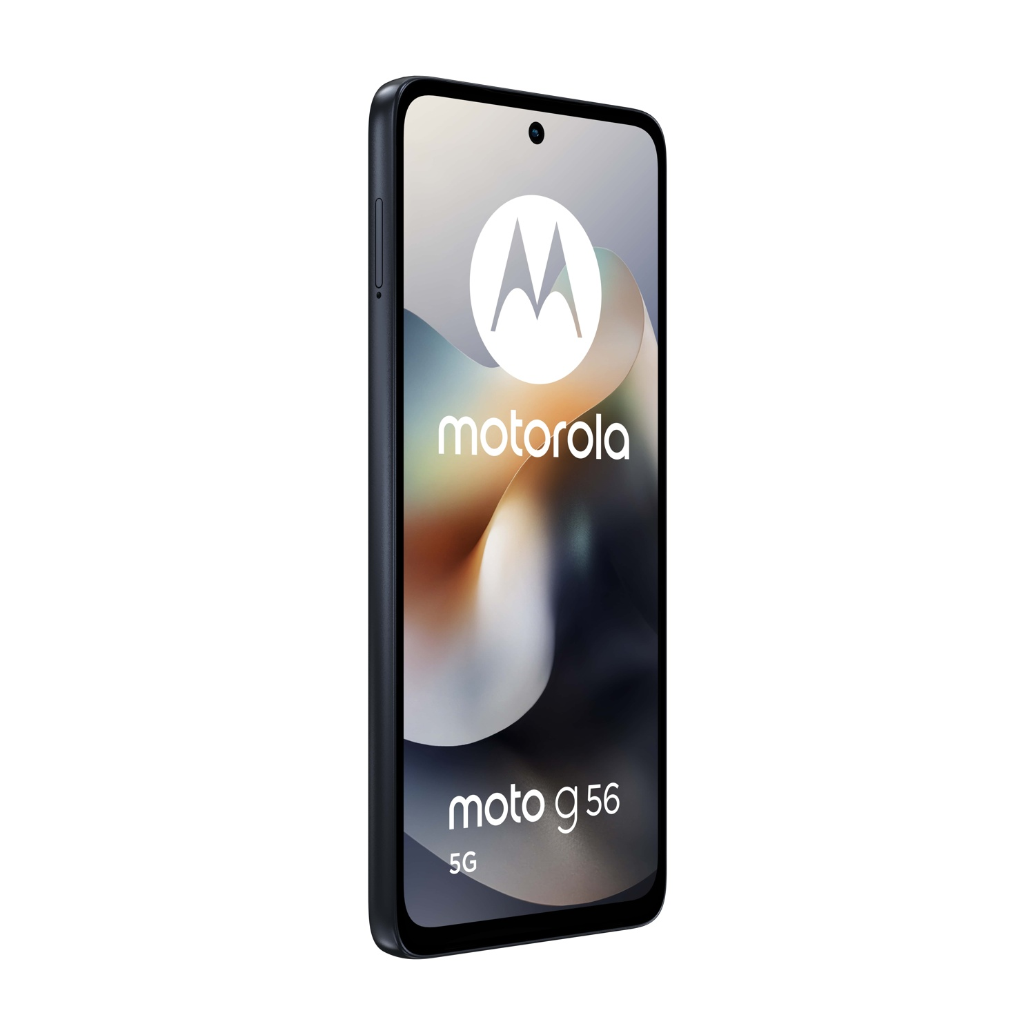 Uno smartphone Motorola Moto g56 5G. Lo schermo mostra il logo Motorola e la scritta 'moto g56 5G' su sfondo bianco.