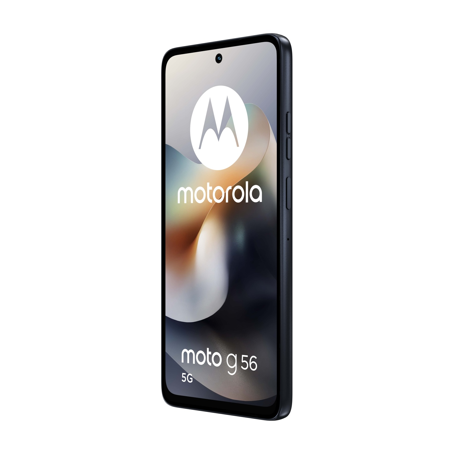 Uno smartphone Motorola Moto g 56, cornice nera, logo e testo bianchi sullo schermo. Lo schermo mostra un logo Motorola.