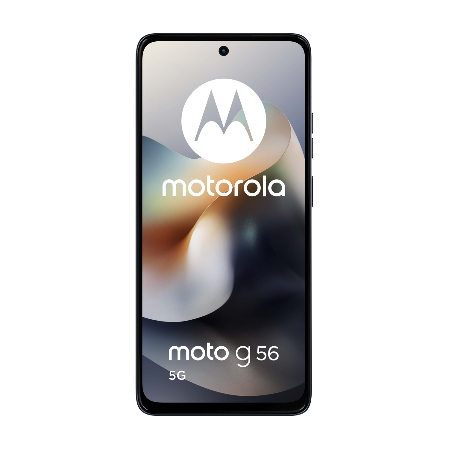Uno smartphone Motorola Moto g 56 5G mostrato su sfondo bianco. Lo schermo mostra il logo Motorola e il nome del dispositivo.