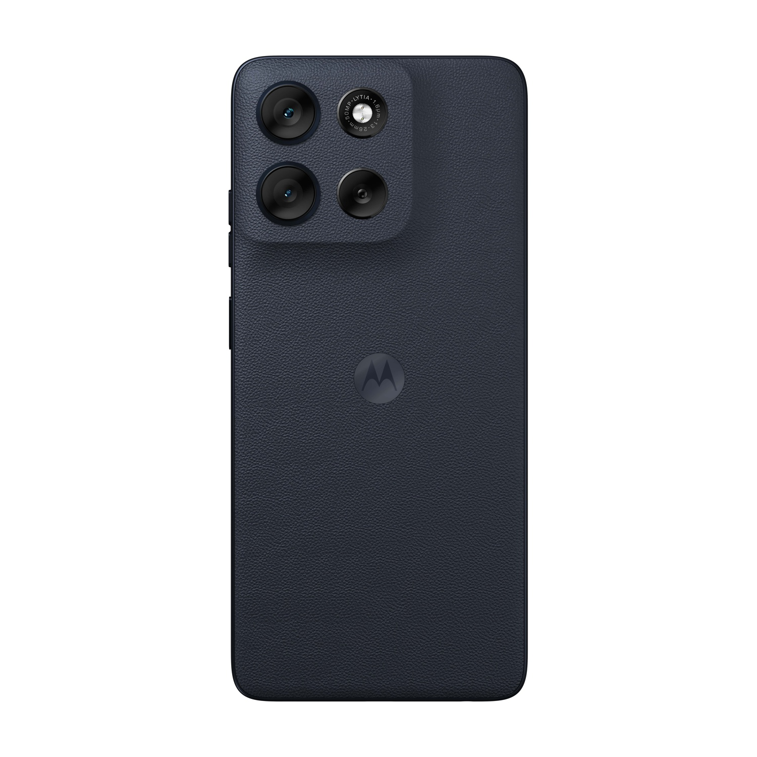 Vista posteriore di uno smartphone Motorola blu scuro. Presenta più lenti della fotocamera, retro strutturato e logo Motorola.