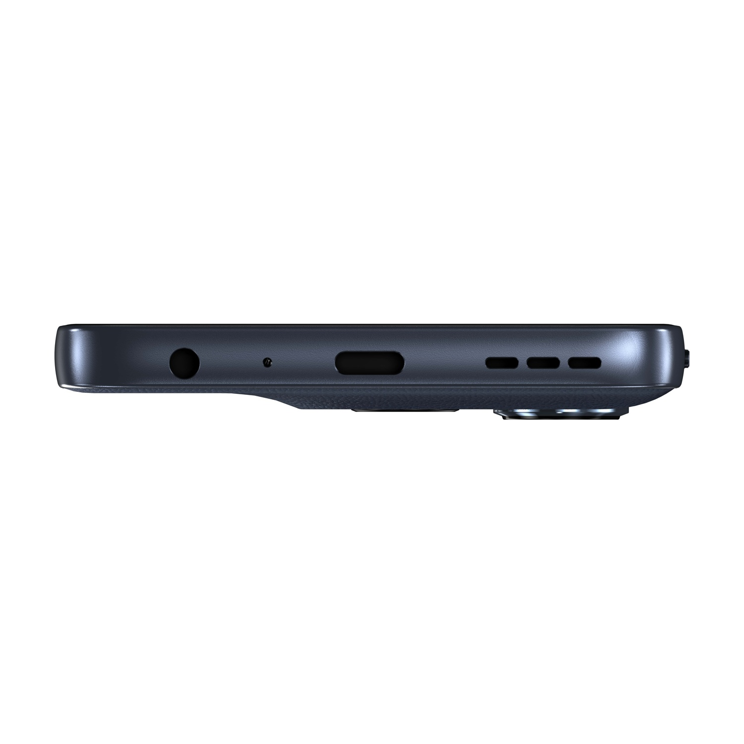 Vista ravvicinata della parte inferiore di uno smartphone blu scuro. Sono visibili un jack per cuffie, una porta USB-C, un altoparlante e un foro per il microfono.