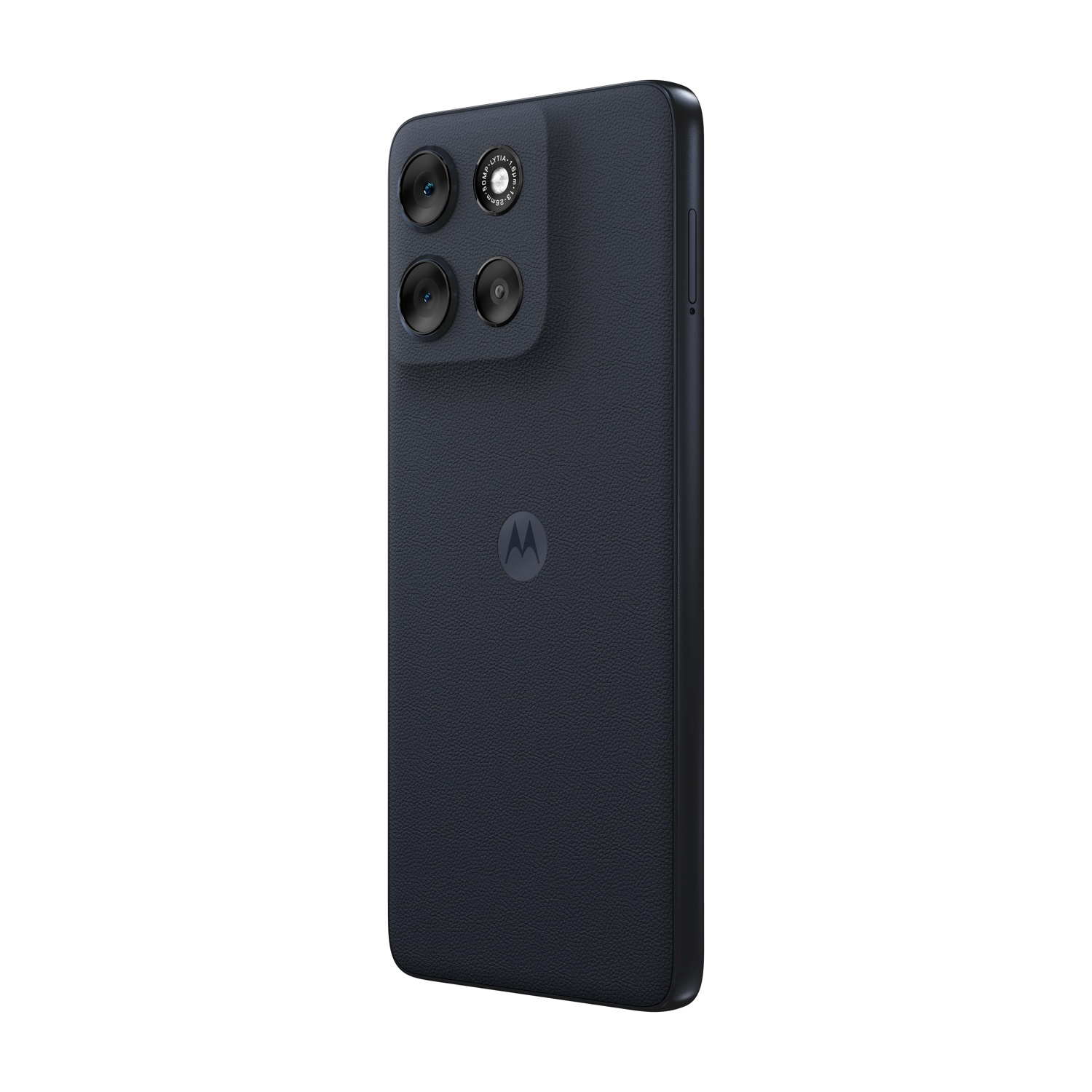 Uno smartphone Motorola blu scuro è mostrato da dietro. Ha tre obiettivi e un logo Motorola.