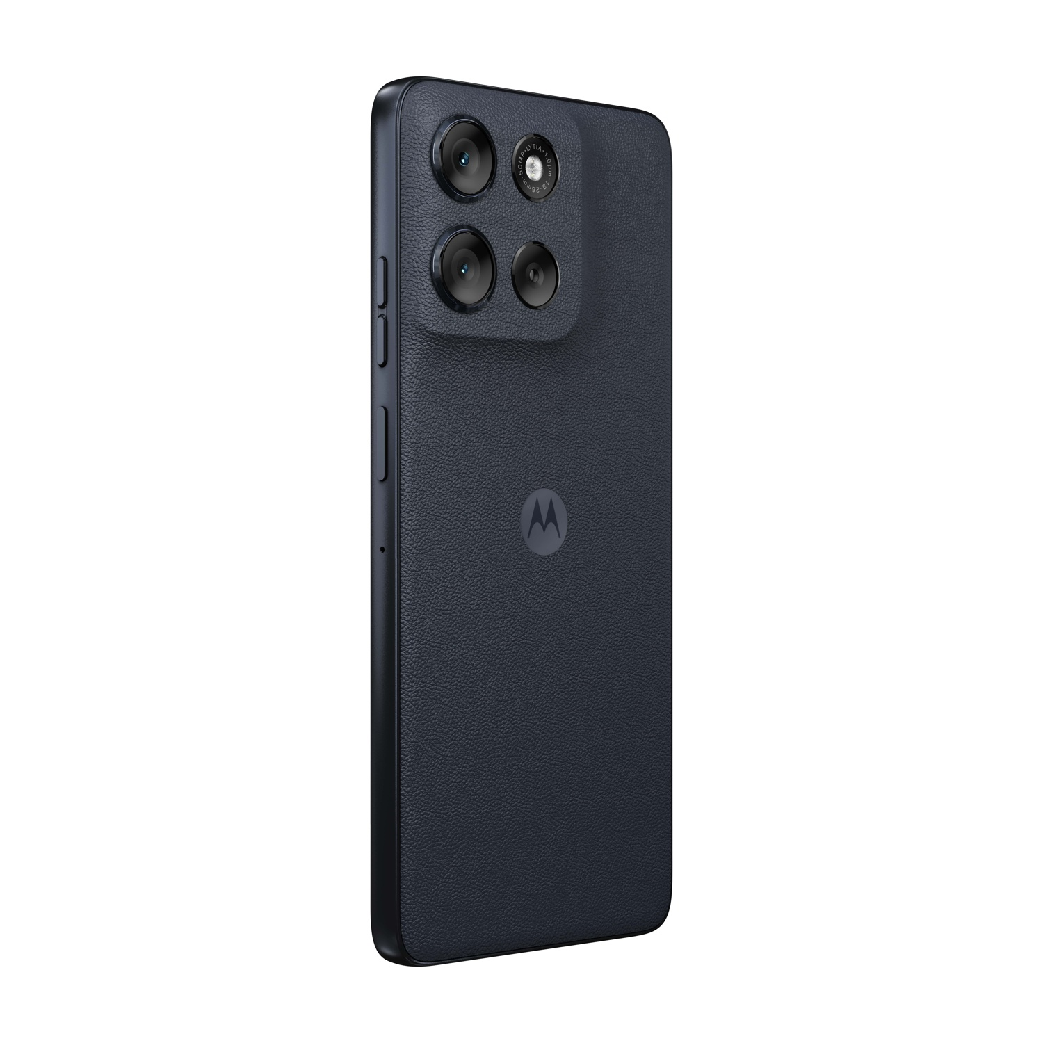 Uno smartphone blu scuro con più fotocamere posteriori. Il logo Motorola è visibile sul retro, su sfondo bianco.