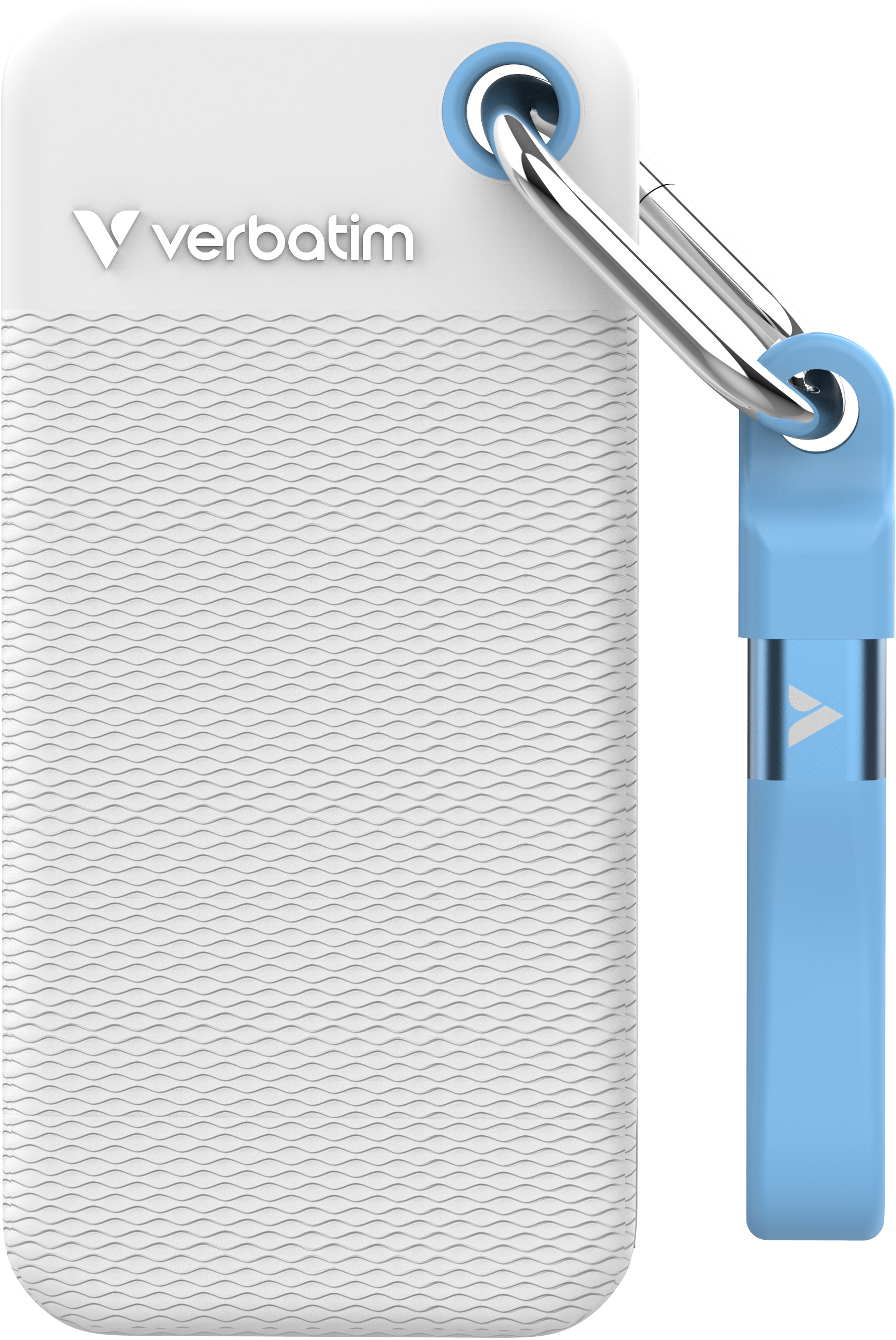 Ein weißer USB-Stick mit blauem Clip. Er hat das Verbatim-Logo. Der Stick ist an einem silbernen Karabiner befestigt.