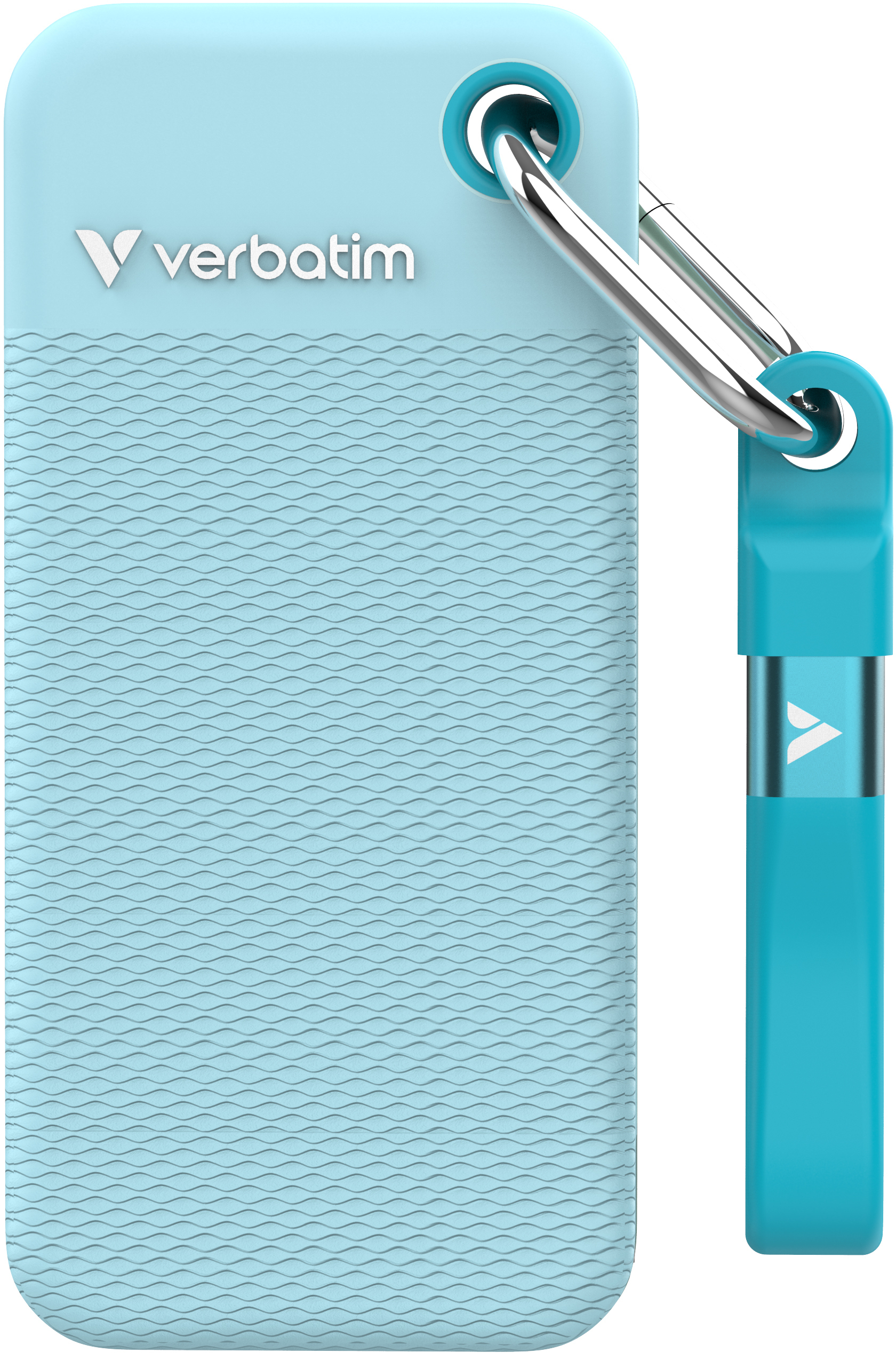 Ein hellblaues Verbatim USB-Laufwerk mit einem silbernen Karabiner. Das Laufwerk hat eine strukturierte Oberfläche und ein Logo.